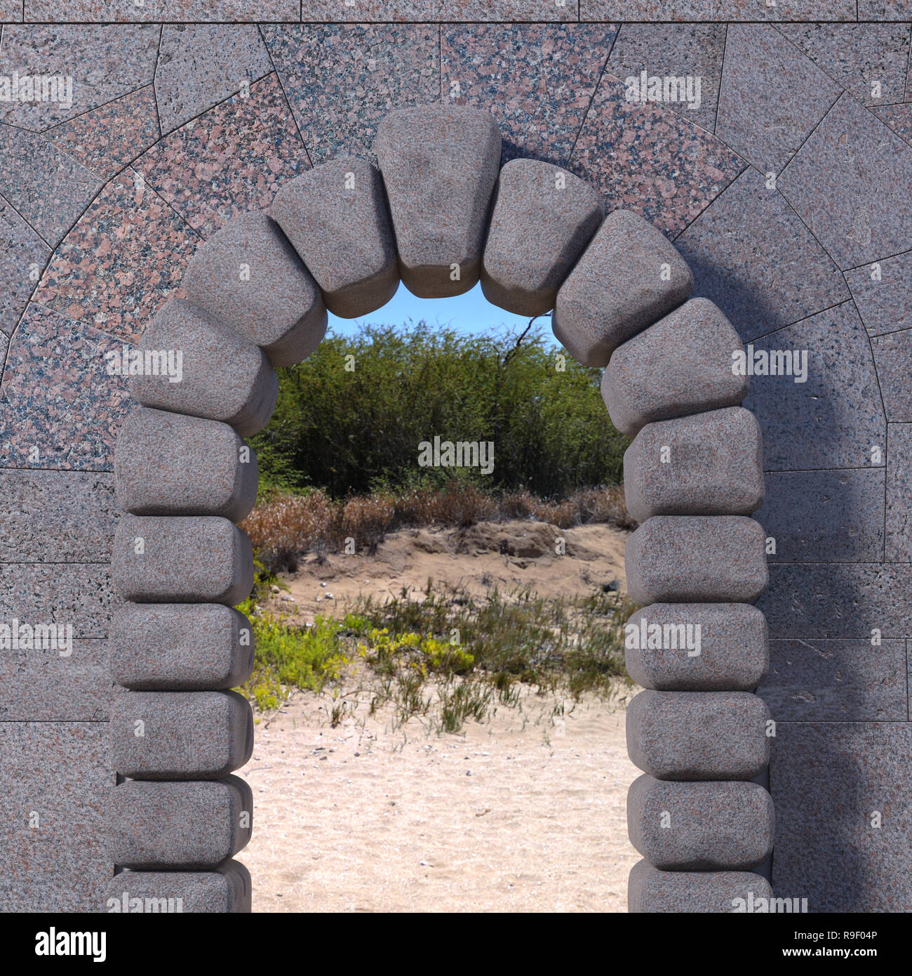 Stone Gate cyclopéens avec mur carrelé de granit, de sable et d'arbres vue par l'ouverture. 3D render. Banque D'Images