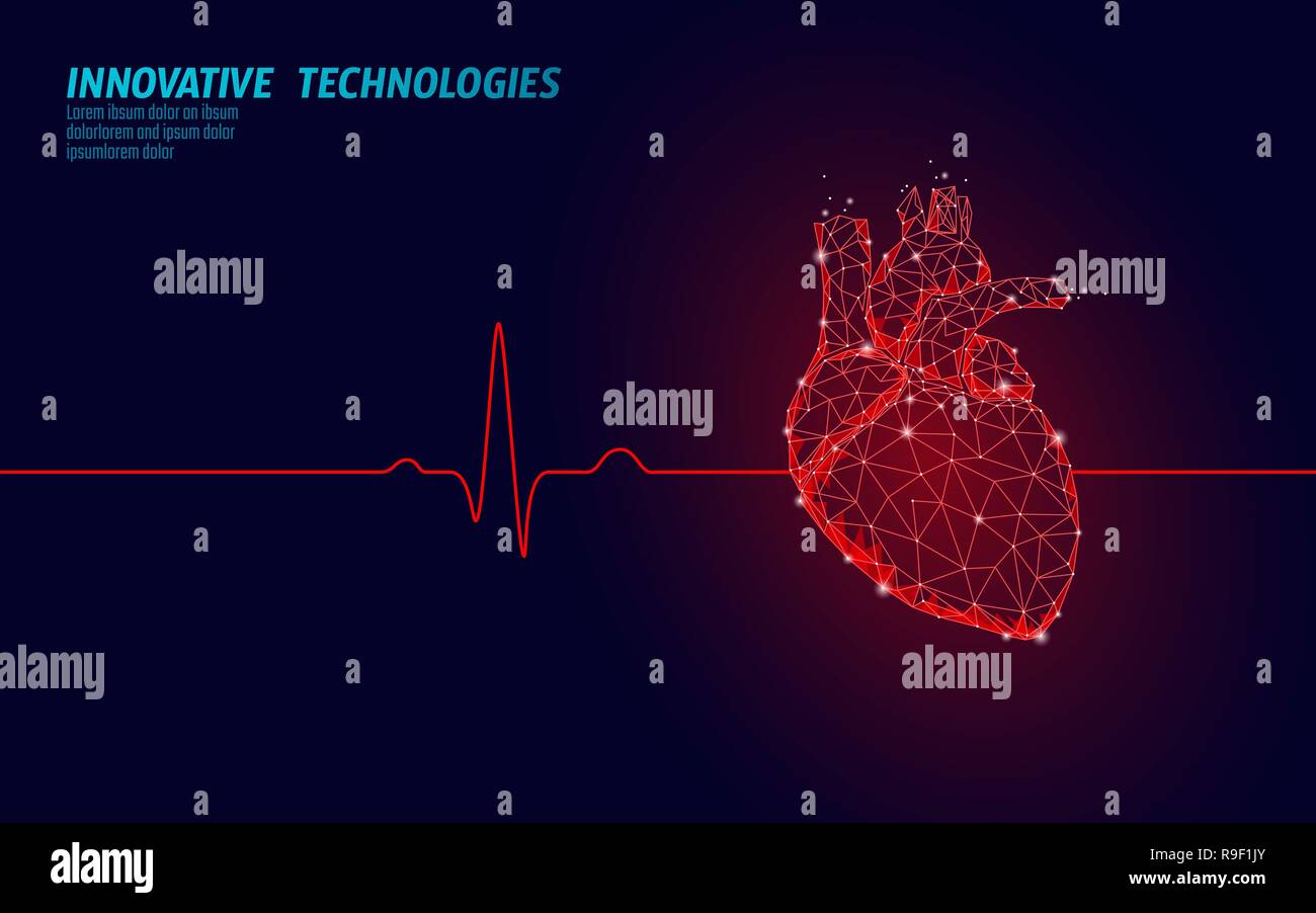 Battements de coeur humain en médecine 3d model low poly. Points connectés Triangle point lueur fond rouge. Corps interne d'impulsions de forme anatomique moderne technologie innovante rendre vector illustration Illustration de Vecteur
