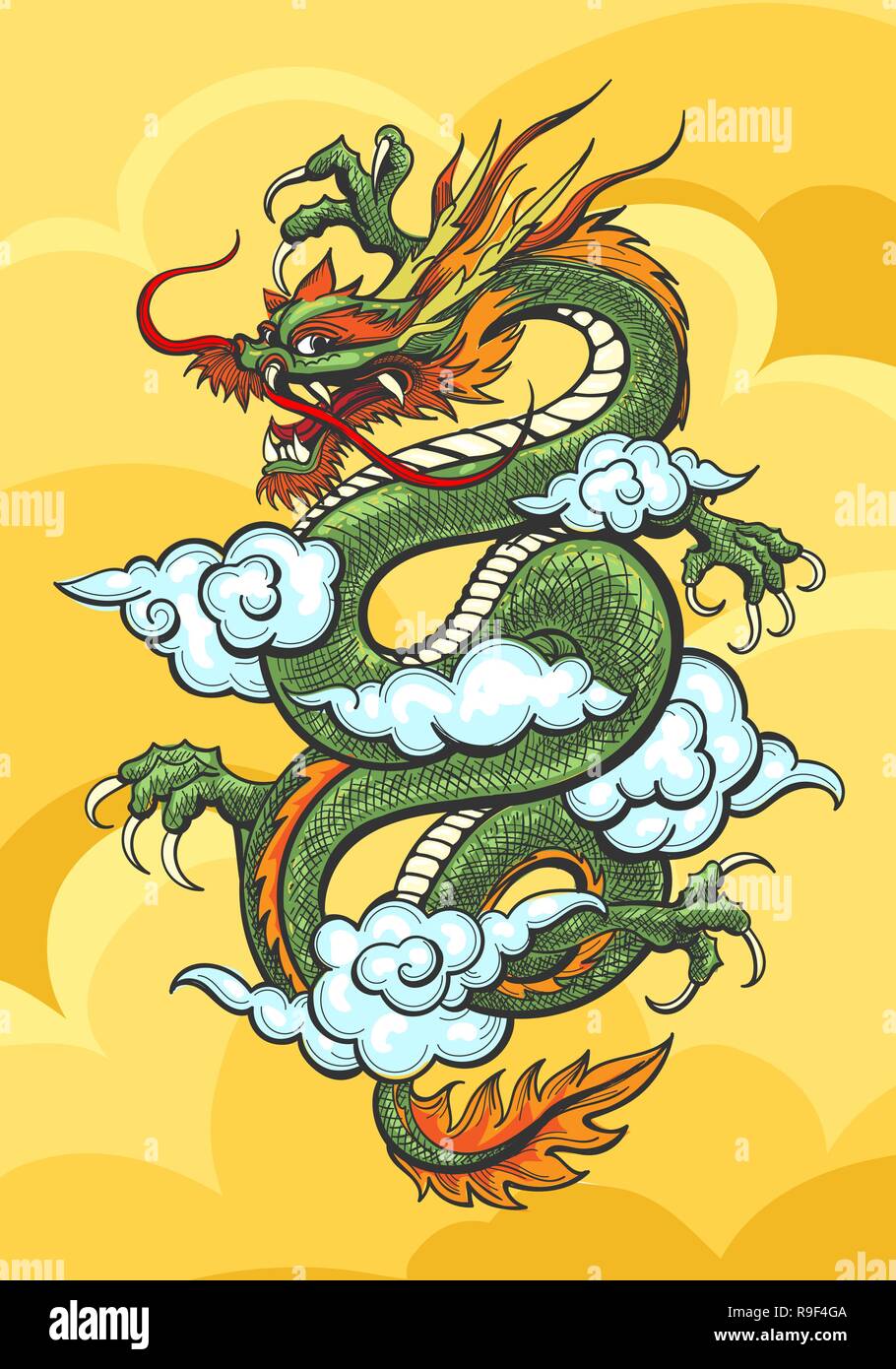 Dragon chinois en jaune ciel avec nuages bleus. Vector illustration. Illustration de Vecteur