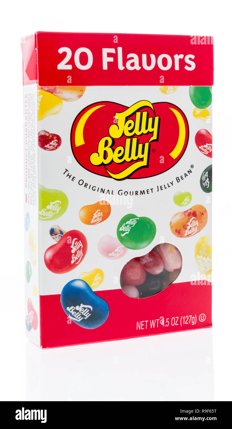 Winneconne, WI - 14 décembre 2018 : une boîte de Jelly Belly saveurs 20 gastronomique original jelly bean sur une base isolée. Banque D'Images