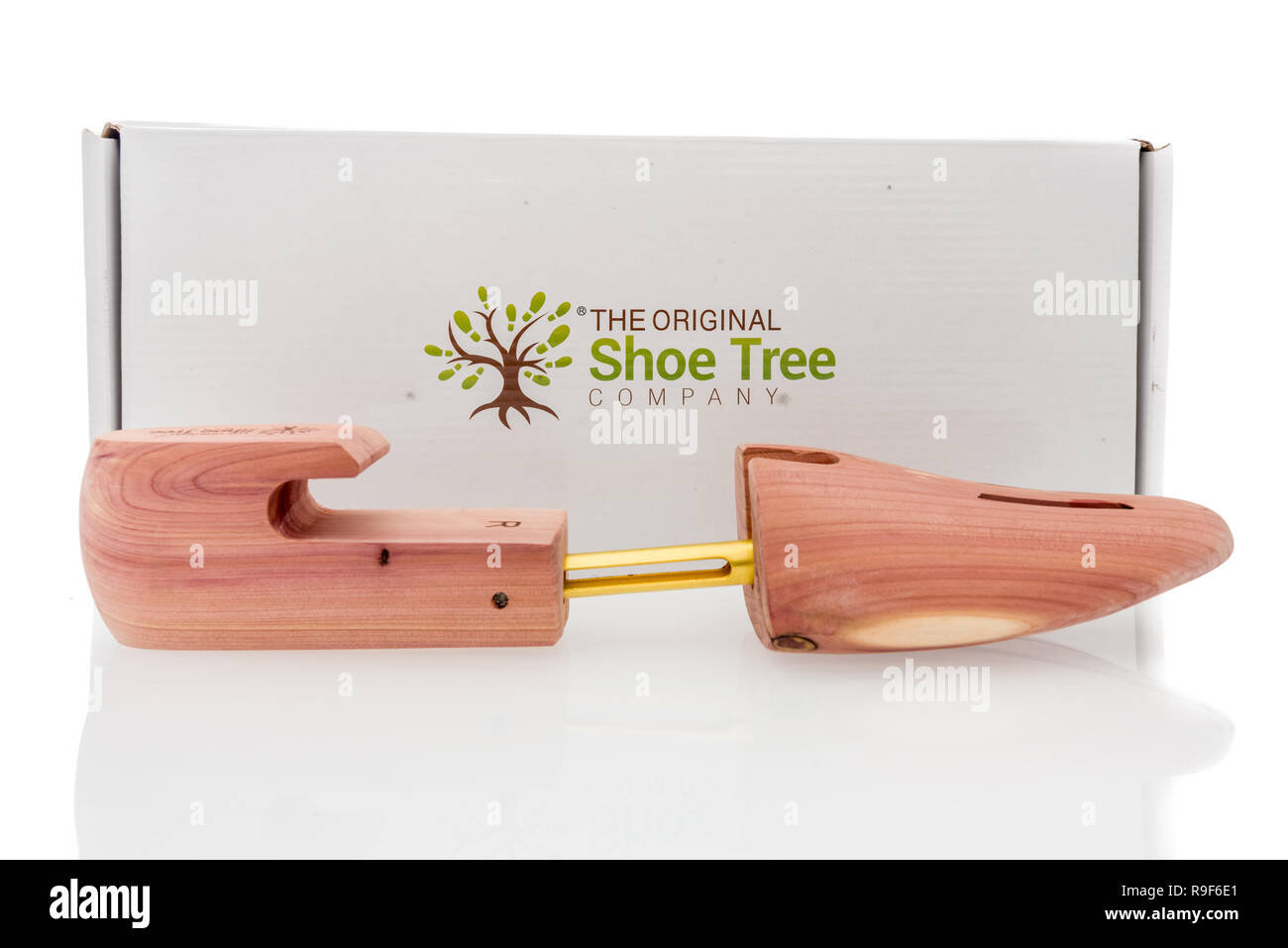 Winneconne, WI - 18 décembre 2018 : Une chaussure faite à partir de l'arbre du cèdre original shoe tree company sur un fond isolé. Banque D'Images