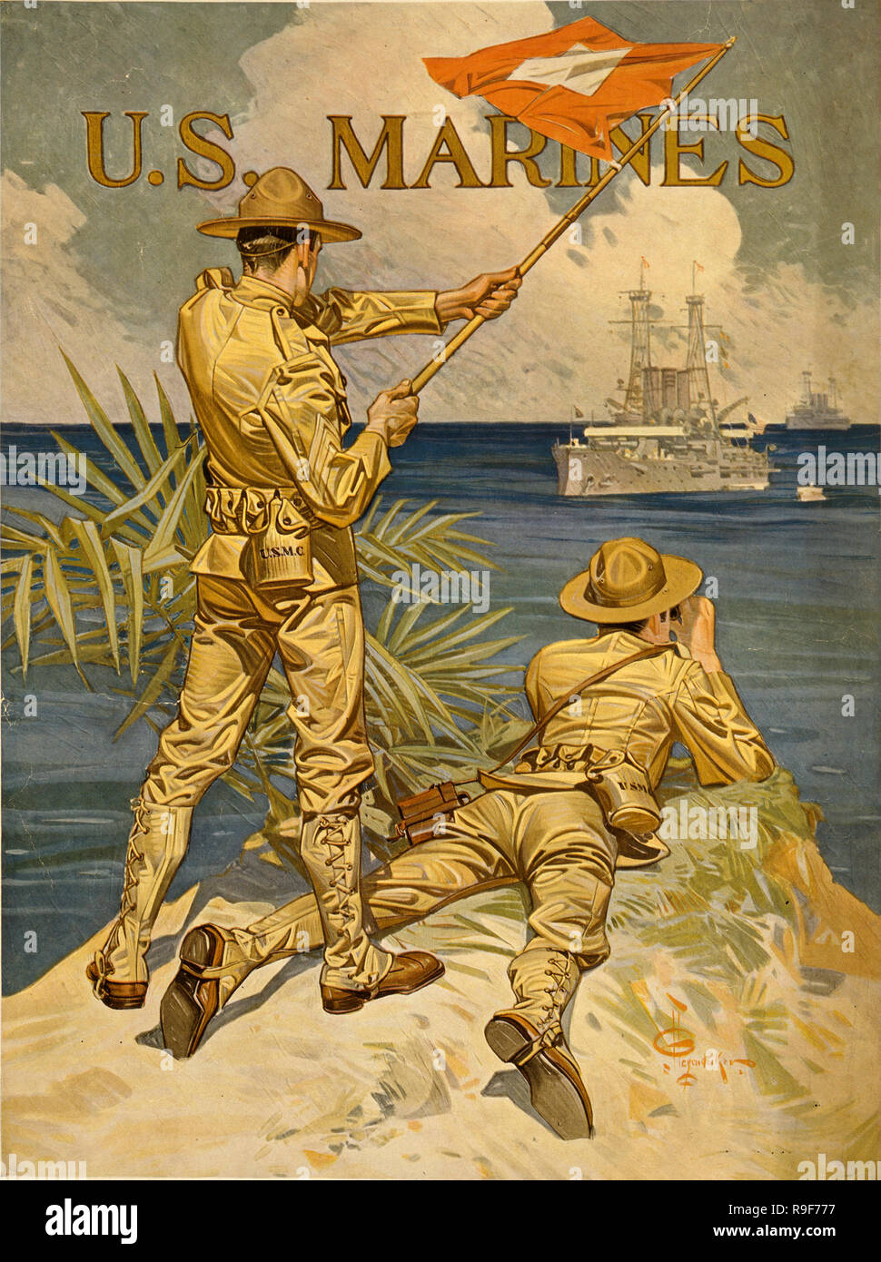 Les Marines américains affiche de recrutement de guerre montrant deux marines à partir de la rive de signalisation aux navires en mer par Joseph Leyendecker Banque D'Images