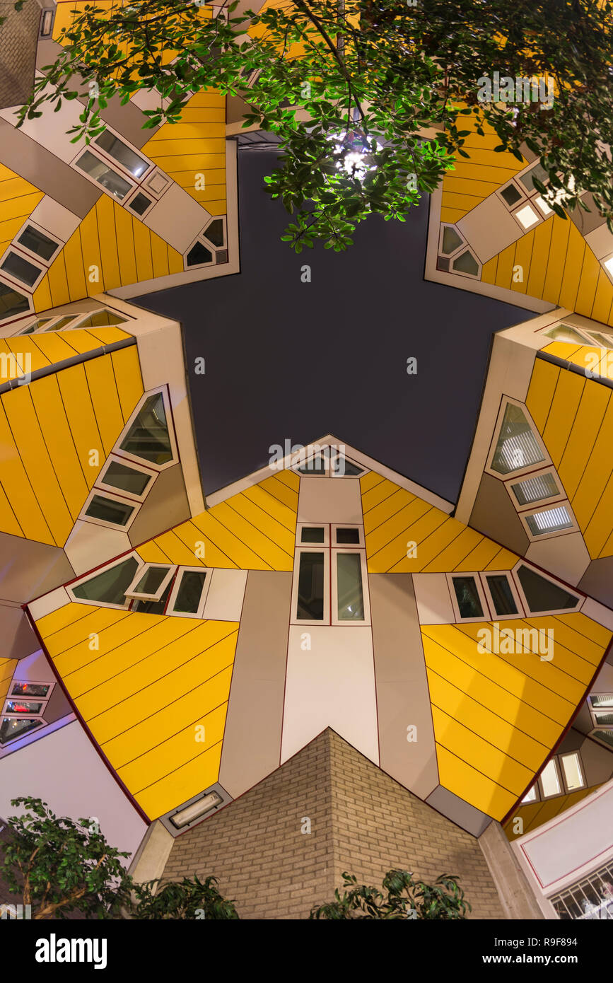 Les maisons cubiques à Rotterdam vu du dessous avec les poissons cristallin. Les immeubles à appartements et les entreprises du bâtiment à utilisation mixte Banque D'Images