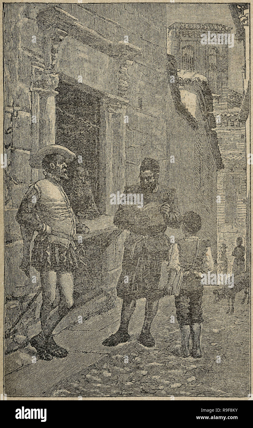 L'auteur trouve dans Toledo Don Quichotte manuscrit. Don Quichotte scène de roman. Illustration de Calleja Edition publiée en 1916. Banque D'Images
