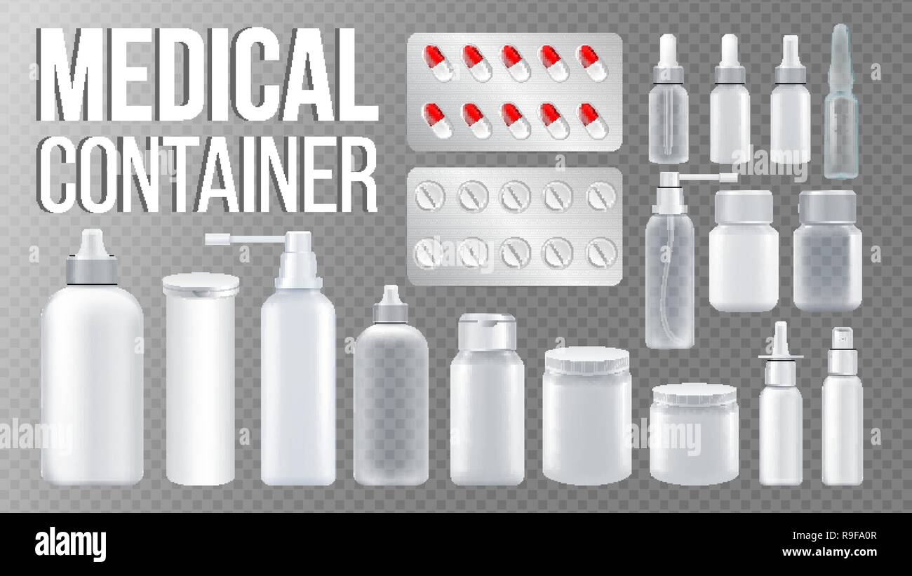 Conteneur médical vecteur. Spray, pilules, médicaments, flacon avec bouchon. Médicament Pharmaceutique Emballage. Pharma Branding Design. Vide propre maquette du produit Modèle. Illustration réaliste isolés Illustration de Vecteur