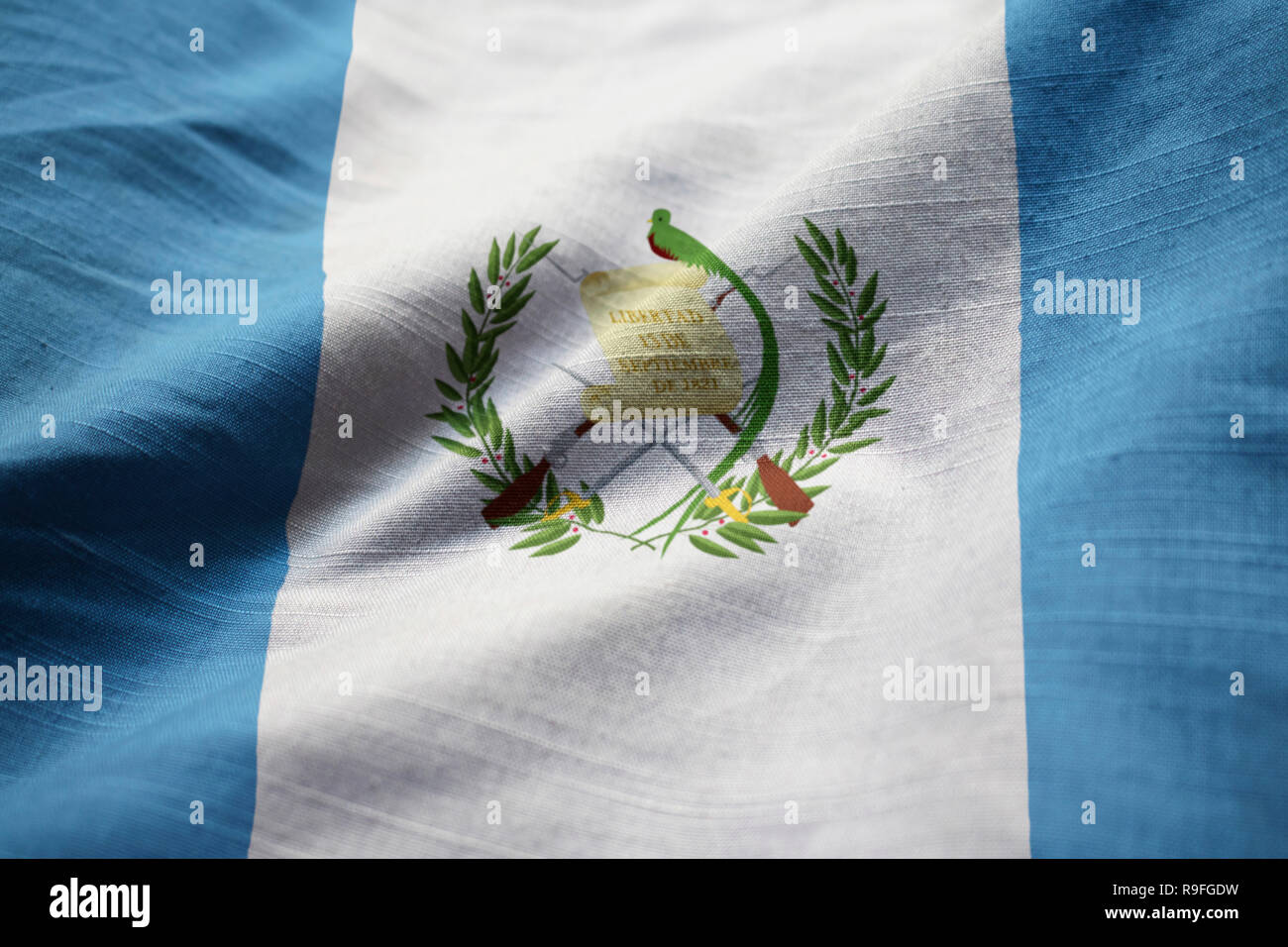 Gros plan du Guatemala, Guatemala ébouriffé Drapeau Flag Blowing in Wind Banque D'Images