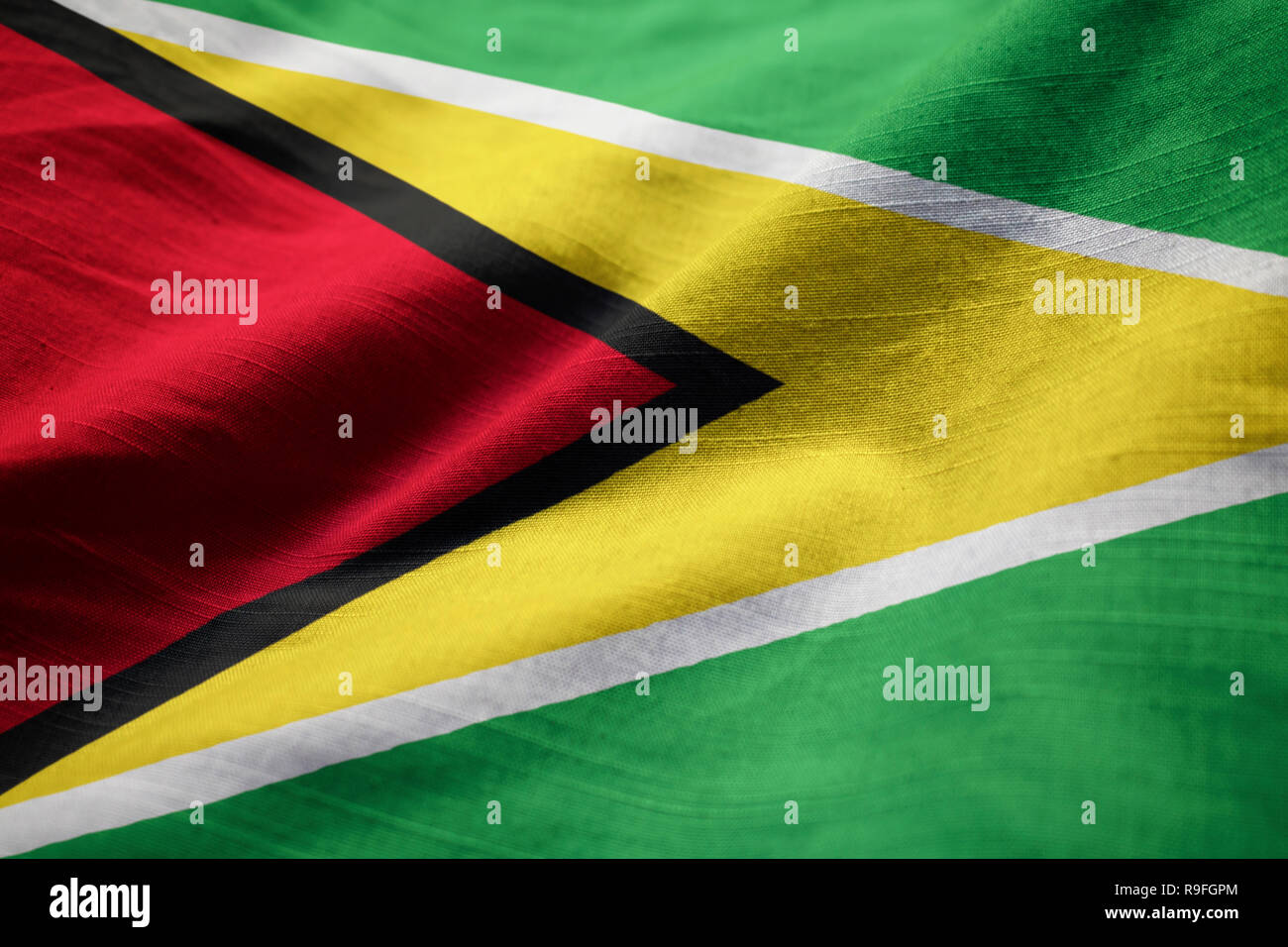Gros plan du drapeau Guyana Guyana ébouriffé, Drapeau Blowing in Wind Banque D'Images