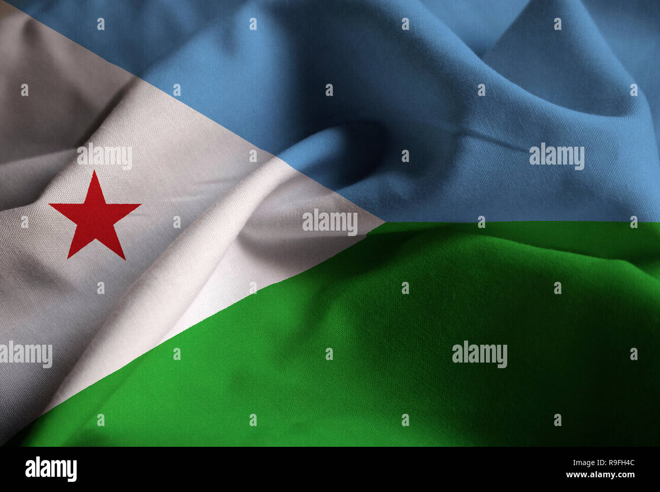 Gros plan du drapeau Djibouti Djibouti ébouriffé, Drapeau Blowing in Wind Banque D'Images