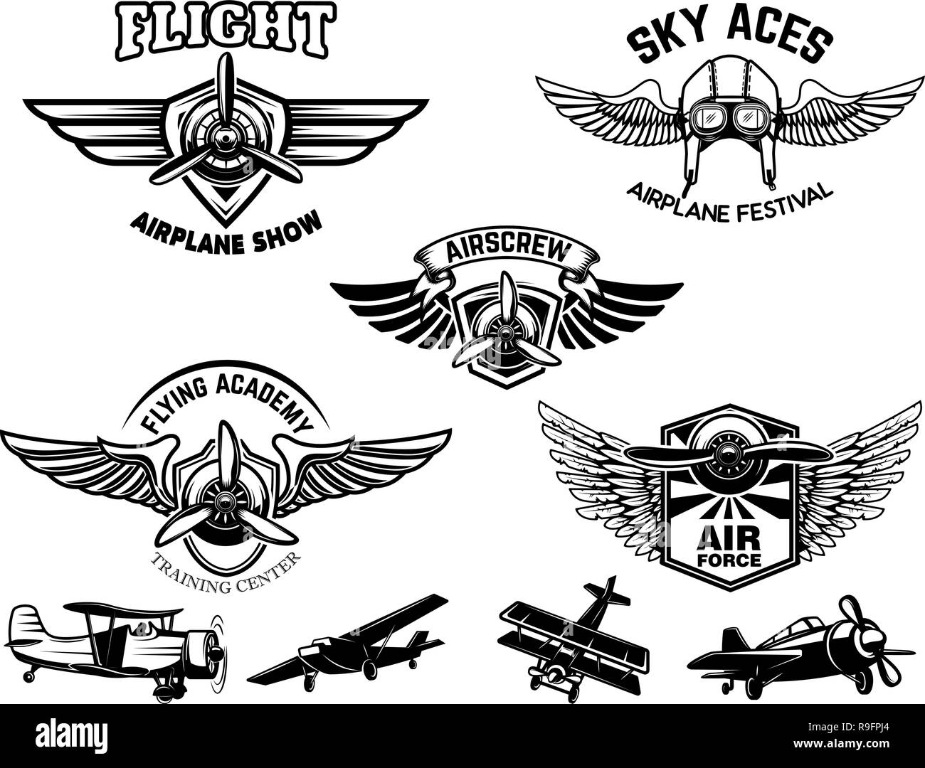 Ensemble d'avion vintage voir emblèmes. Éléments de conception pour le logo, étiquette, signer, menu. Vector illustration Illustration de Vecteur