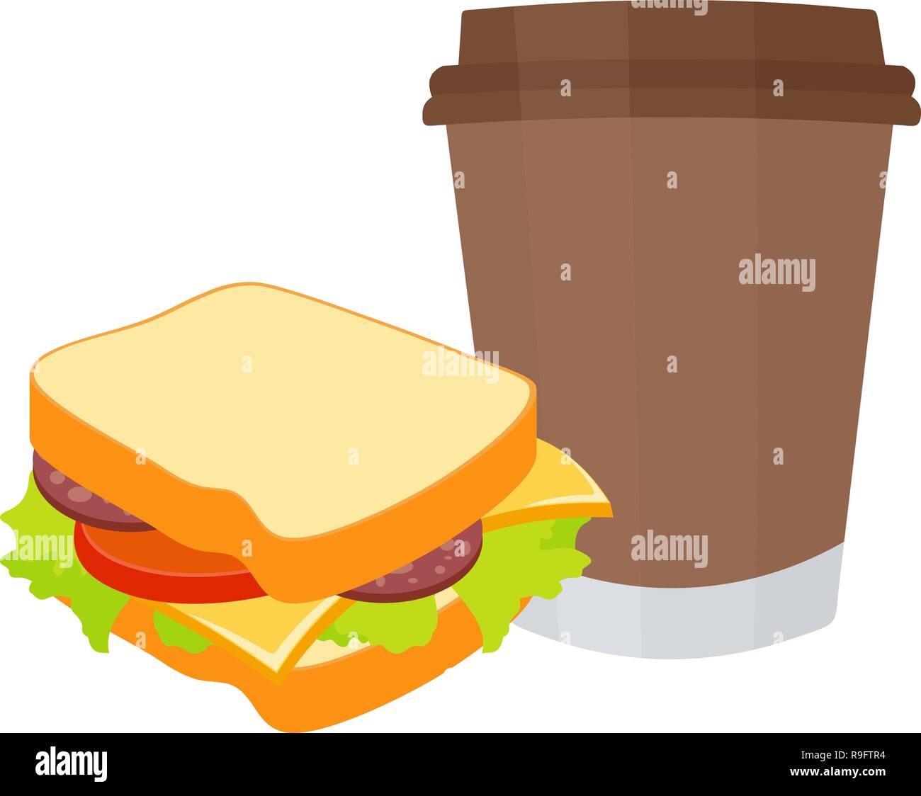 Café et sandwich vector illustration isolé sur fond blanc. Le petit-déjeuner et le déjeuner. Illustration de Vecteur