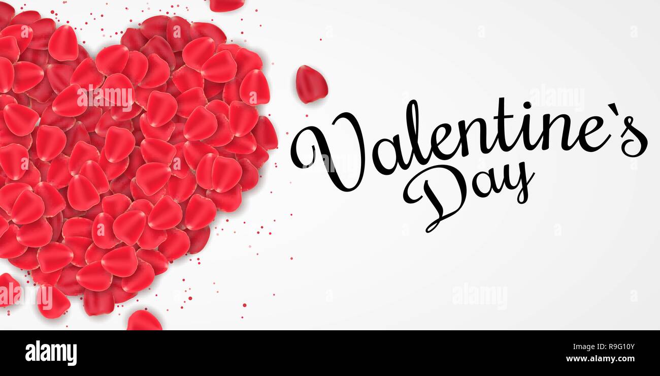 Couverture pour la Saint-Valentin. Coeur de pétales de rose sur un fond blanc. Bannière romantique. Bannière web de fête pour votre conception. Vector illustration. EPS 1 Illustration de Vecteur