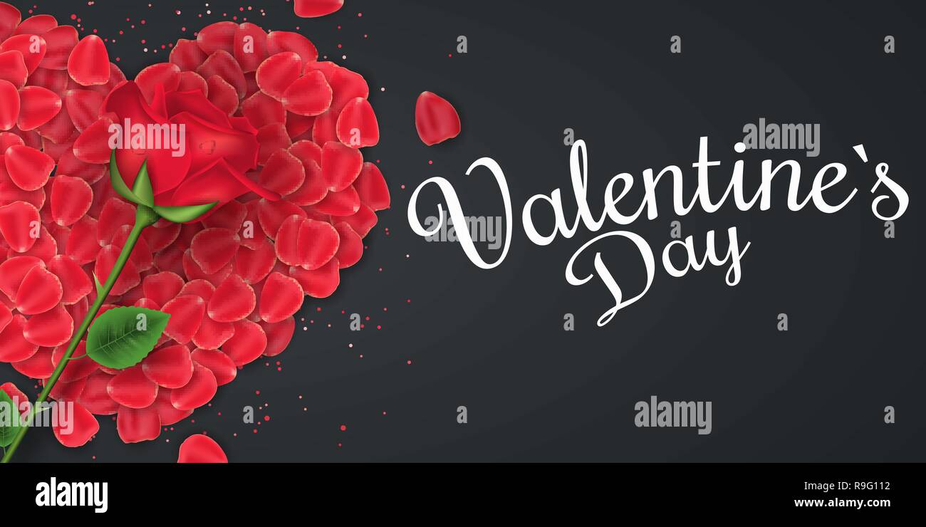 Valentine's Day. Ensemble rose et coeur de pétales de rose sur un fond noir. Bannière romantique. Bannière web romantique pour votre conception. Vector illustr Illustration de Vecteur