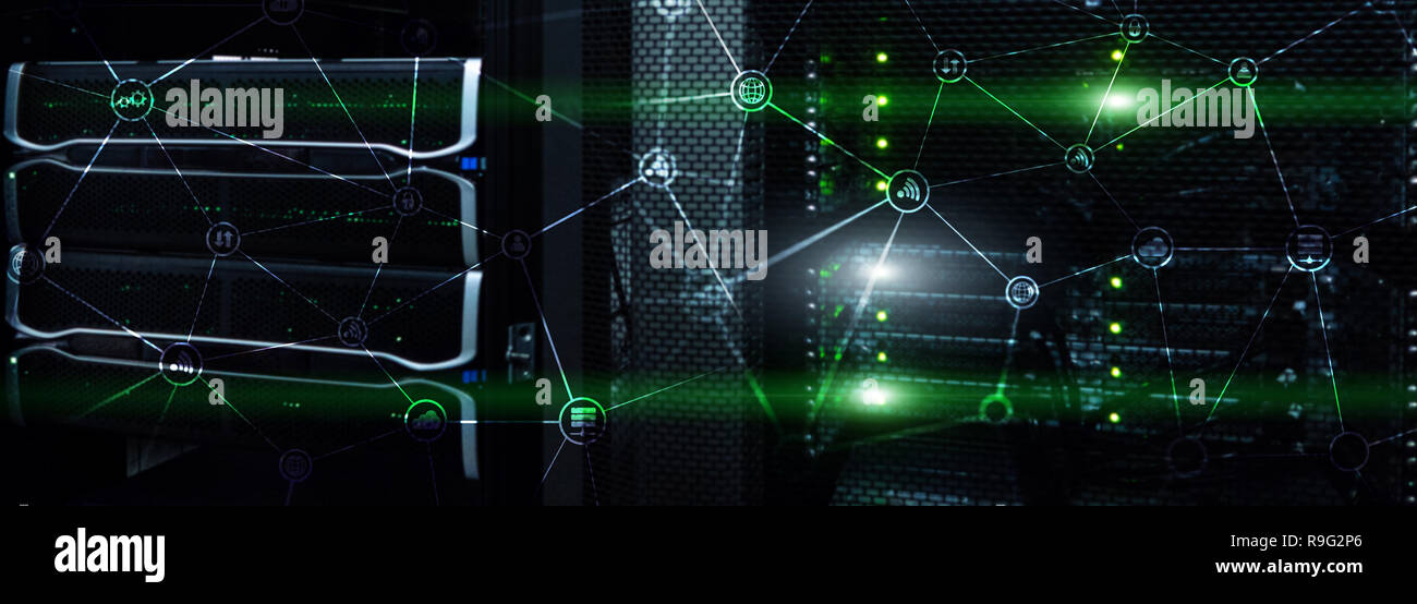 Concept de télécommunication avec le résumé de la structure du réseau et l'arrière-plan de la salle serveur. Banque D'Images