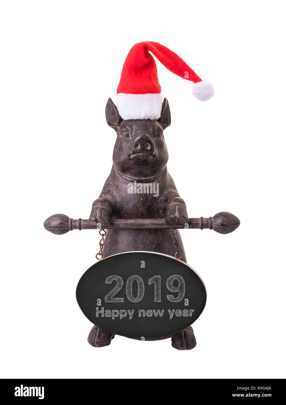 Cochon avec noël santa hat holding un tableau noir 2019 est l'année du cochon pour le jour de l'an sur un vieux tableau rustique Banque D'Images