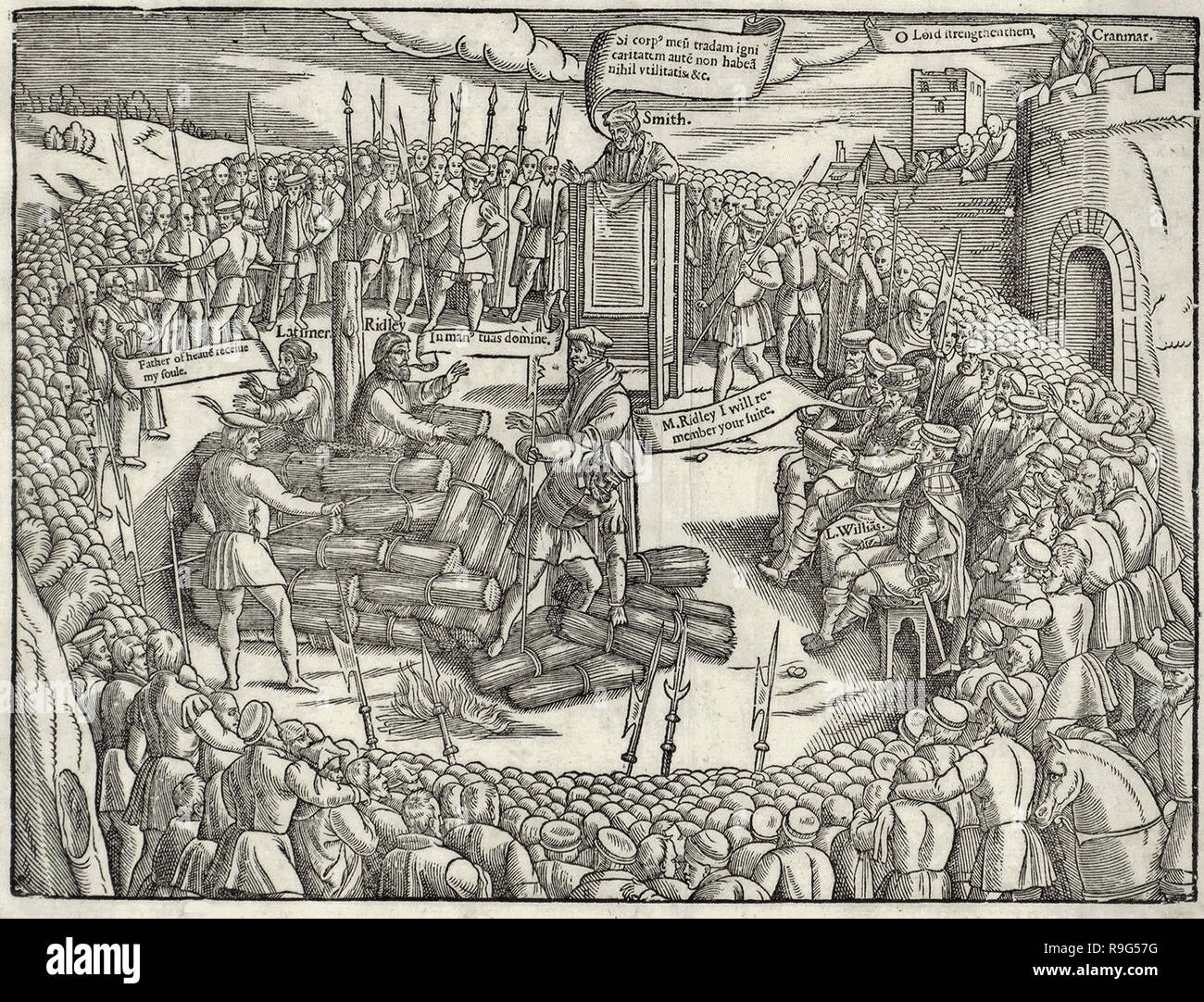 Hugh Latimer et Nicholas Ridley martyrisés en étant brûlé sur le bûcher. Banque D'Images