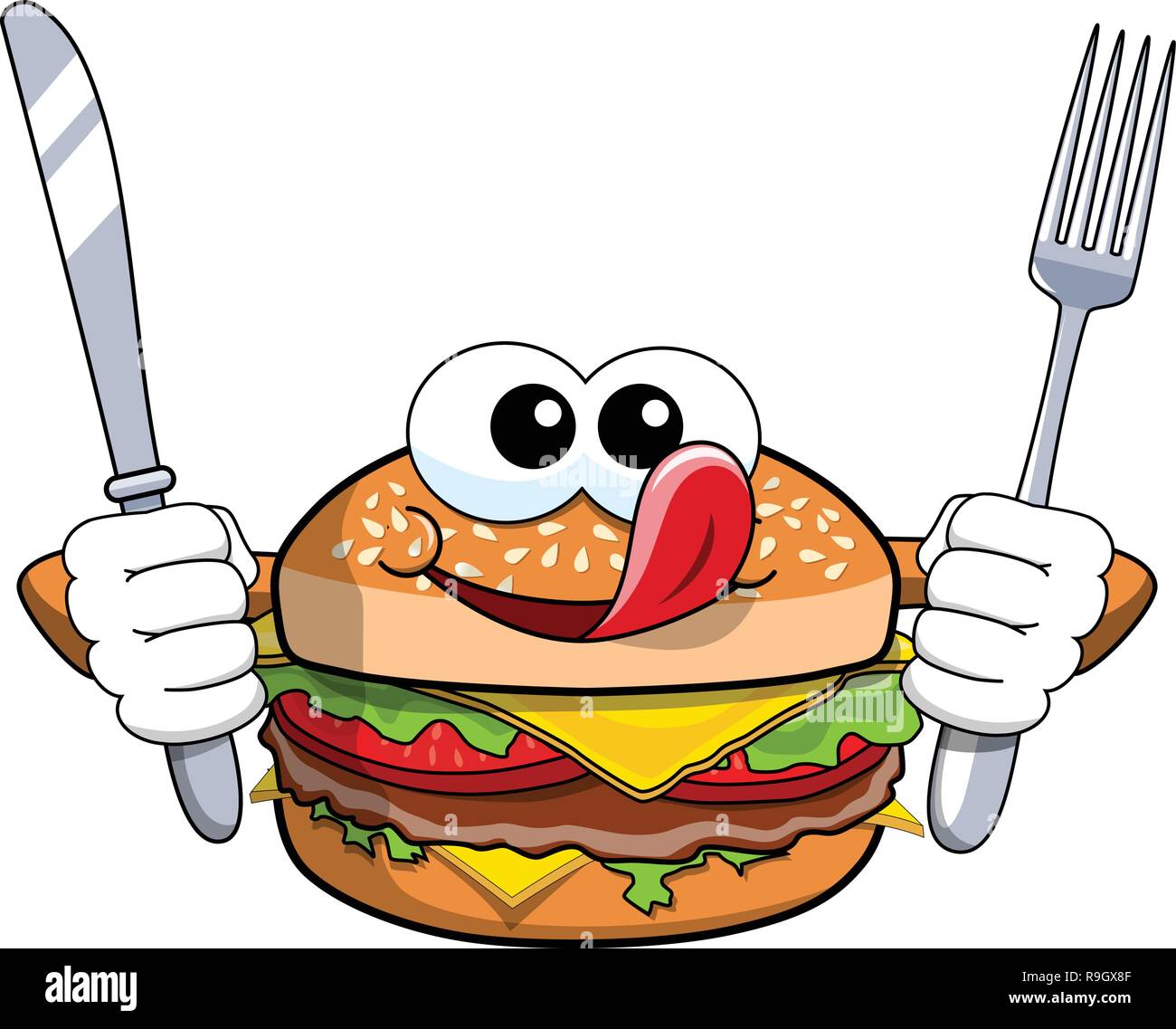 Cartoon character holding faim hamburger fourchette et couteau lécher isolés côtelettes Illustration de Vecteur