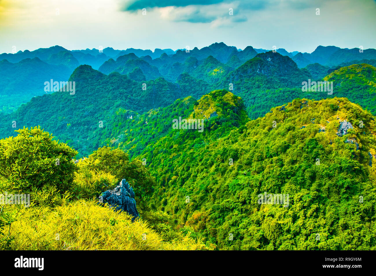 La baie d'Halong vue montagne de l'île de Cat Ba, Ngu Lam Peak au Vietnam Banque D'Images La baie d'Halong vue montagne de l'île de Cat Ba, Ngu Lam Peak au Vietnam Banque D'Images