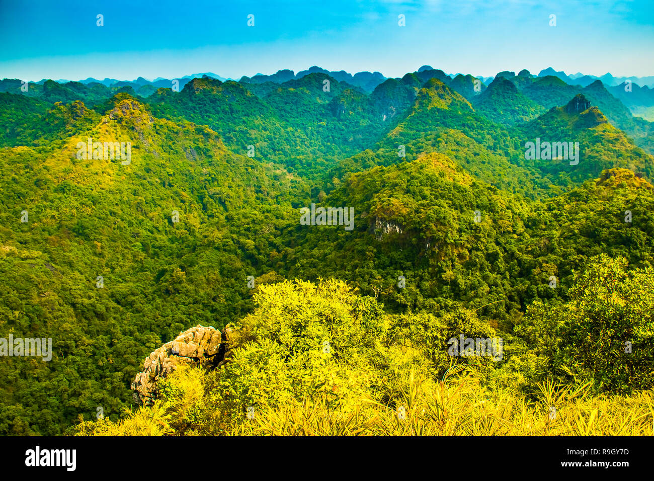 La baie d'Halong vue montagne de l'île de Cat Ba, Ngu Lam Peak au Vietnam Banque D'Images La baie d'Halong vue montagne de l'île de Cat Ba, Ngu Lam Peak au Vietnam Banque D'Images