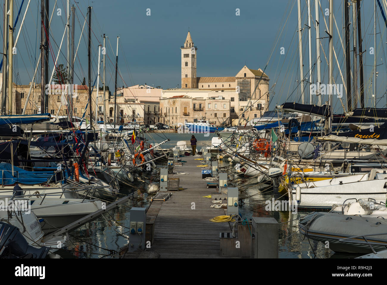 Port de Trani sur la mer Adriatique avec vue sur la cathédrale de San Nicola Pellegrino. Trani, Pouilles, Italie, Europe Banque D'Images