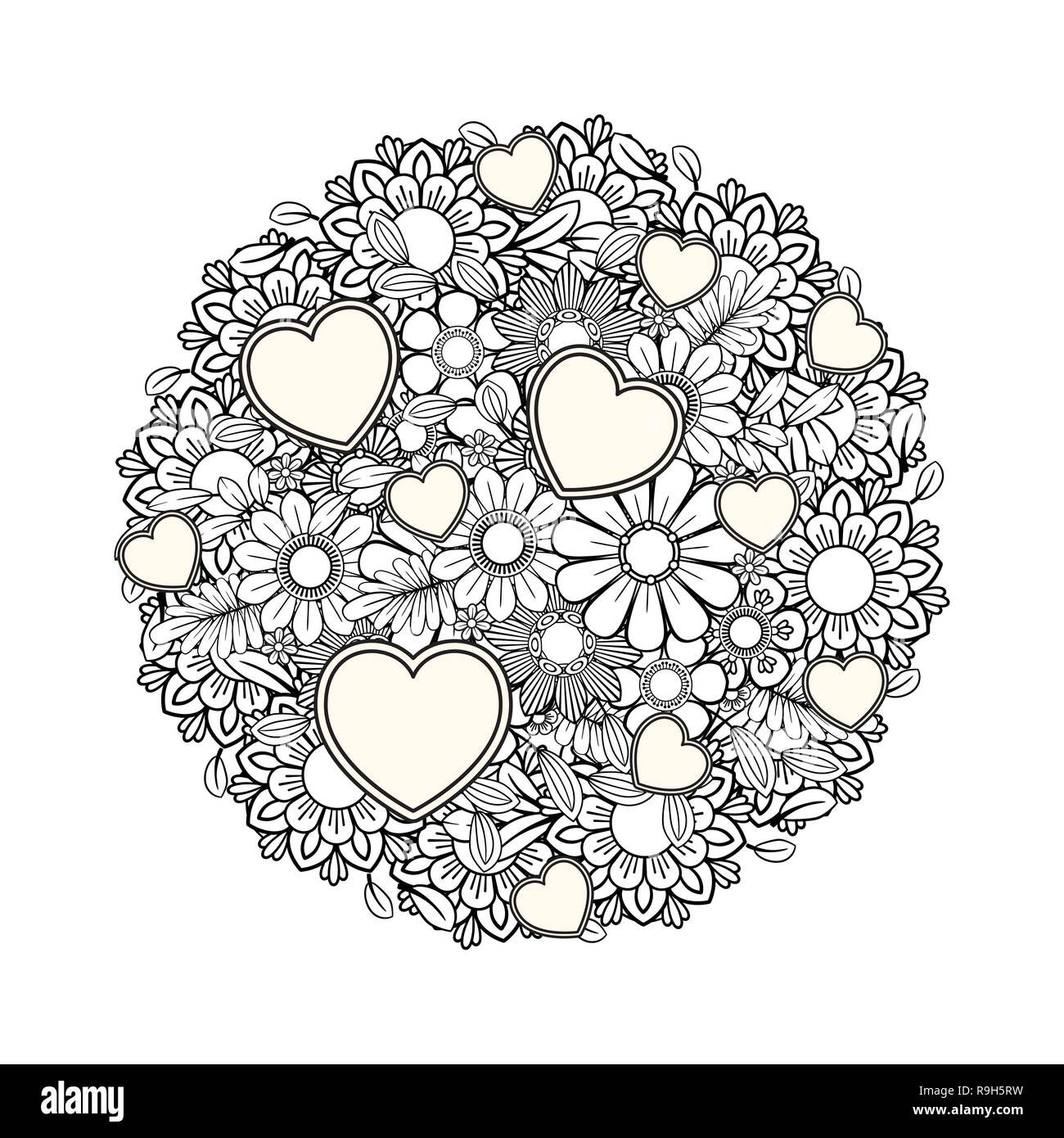 Coeur Floral. Valentines Day coloring page adultes. Vector illustration. Isolé sur fond blanc Illustration de Vecteur