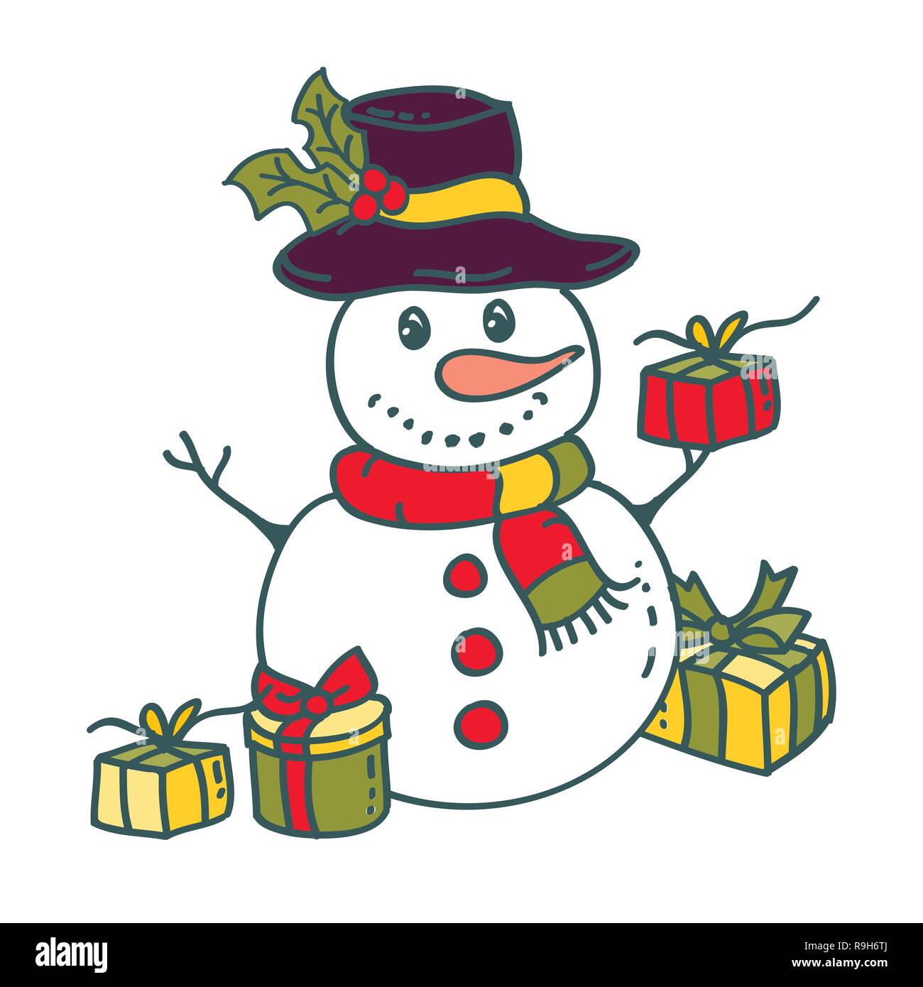 Bonhomme de neige avec cadeaux vector illustration sur fond blanc. Éléments pour la conception de Noël et Nouvel an Illustration de Vecteur