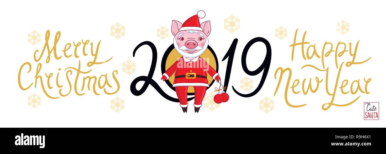 Le porcelet dans le rôle du Père Noël dans un costume de fête, qui tient dans sa main des boules de Noël. Texte sur fond blanc et les flocons de 2019 Illustration de Vecteur