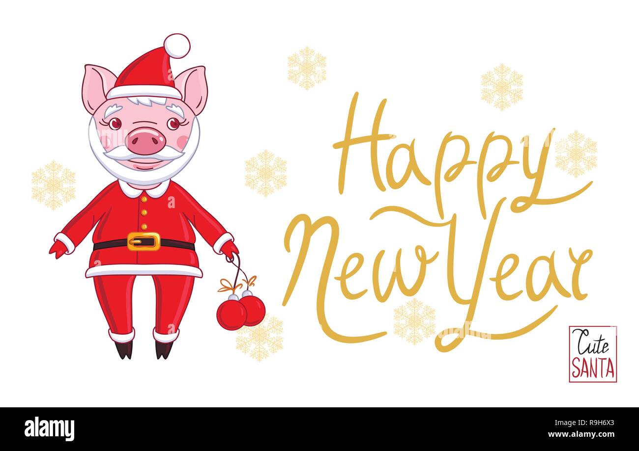 Le porcelet dans le rôle du Père Noël dans un costume de fête, qui tient dans sa main des boules de Noël. Sur un fond blanc et les flocons Illustration de Vecteur