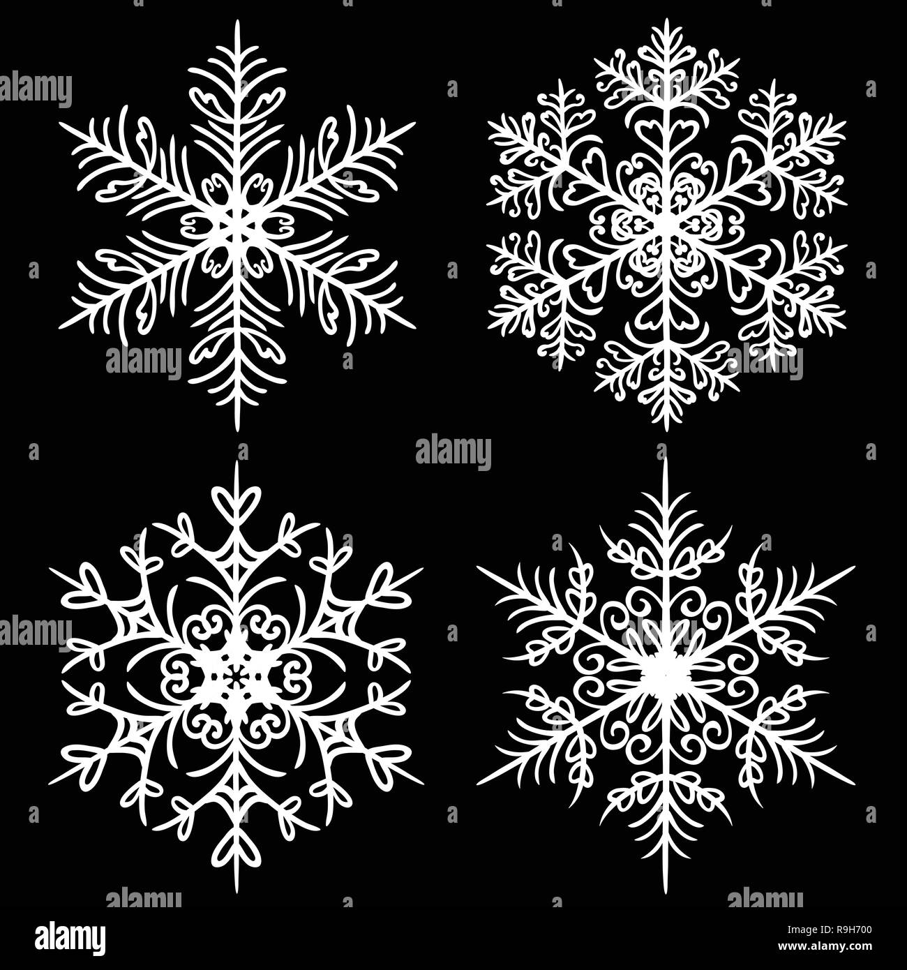 Flocons décoratifs mis sur fond noir Illustration de Vecteur