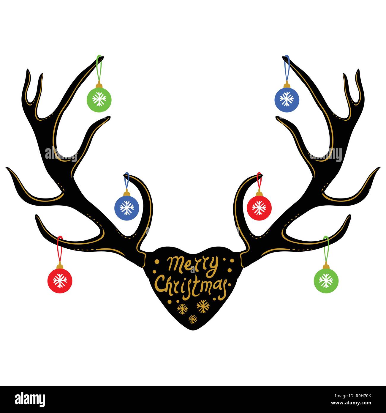Décoration de Noël sur les cornes de renne, silhouette isolated on white, vector Illustration de Vecteur