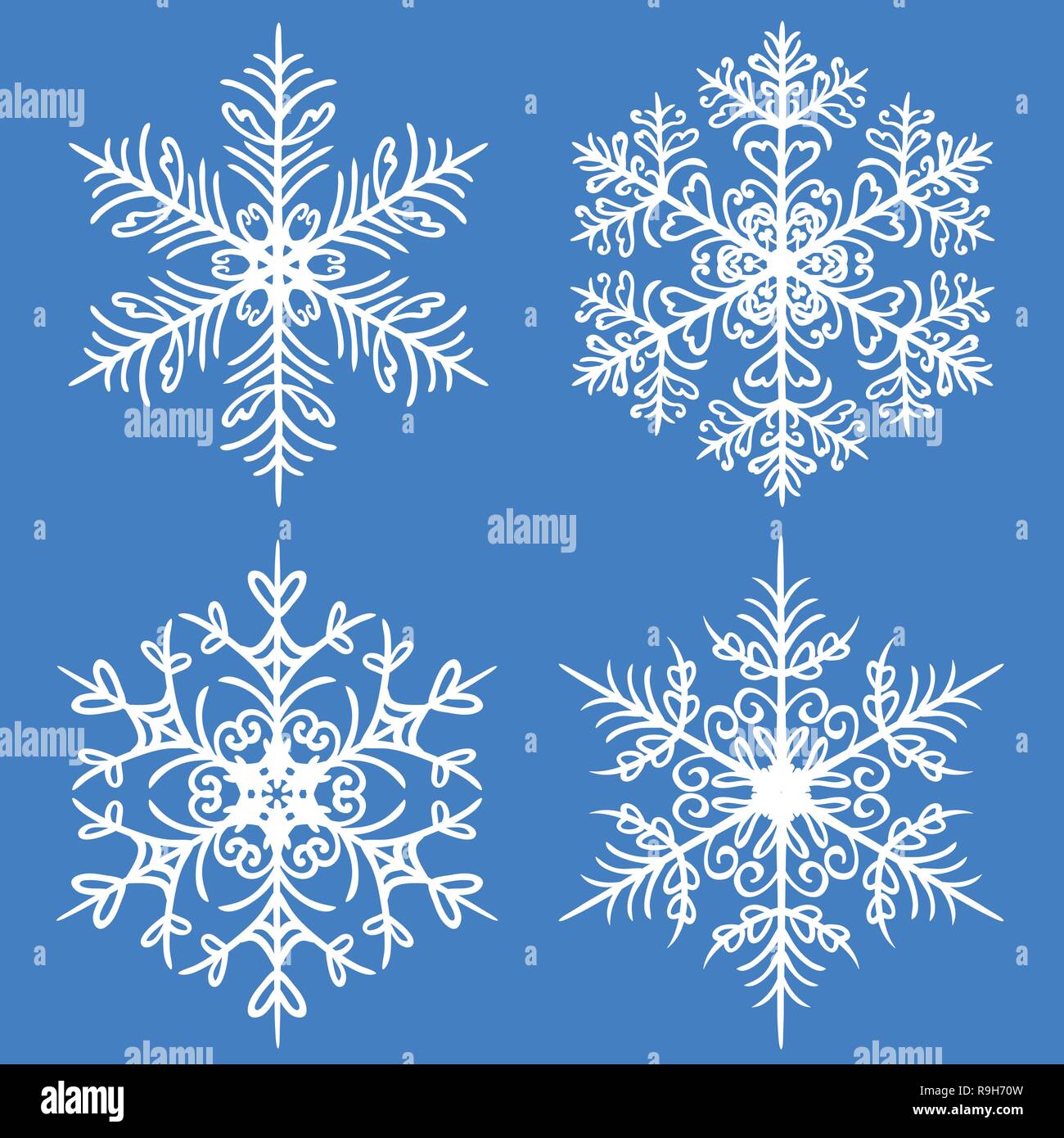 Jeu hiver flocon. Vector silhouettes sur fond bleu Illustration de Vecteur