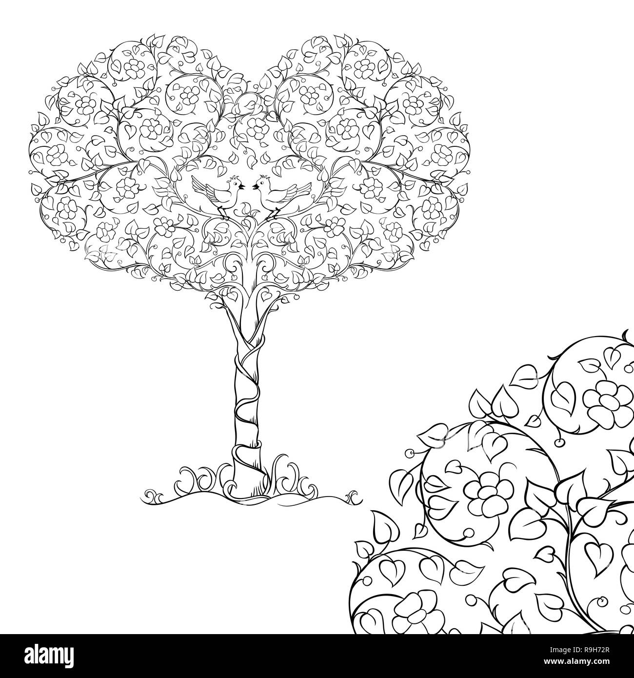 Un couple d'oiseaux dans la couronne de l'arbre du cœur. Esquisse pour coloriage antistress adultes. Les éléments d'un livre à colorier Illustration de Vecteur