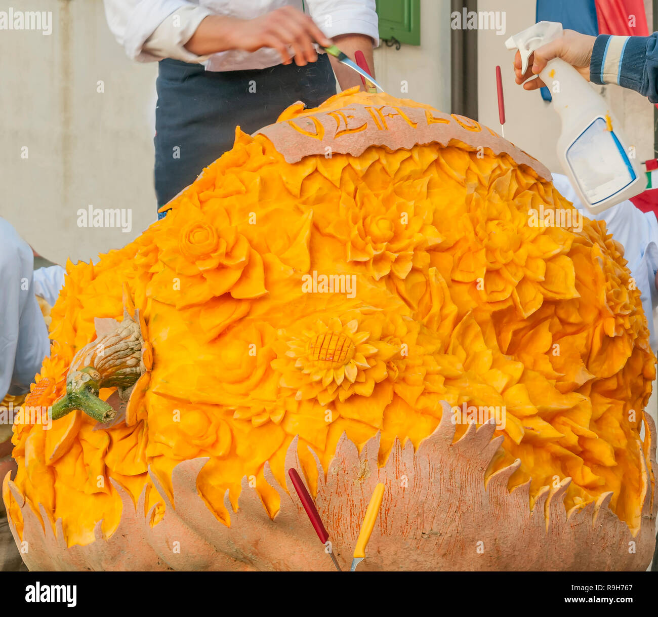 Citrouille énorme entièrement sculptée à l'Venzone Festival de la citrouille, Udine, Friuli, Italie Banque D'Images