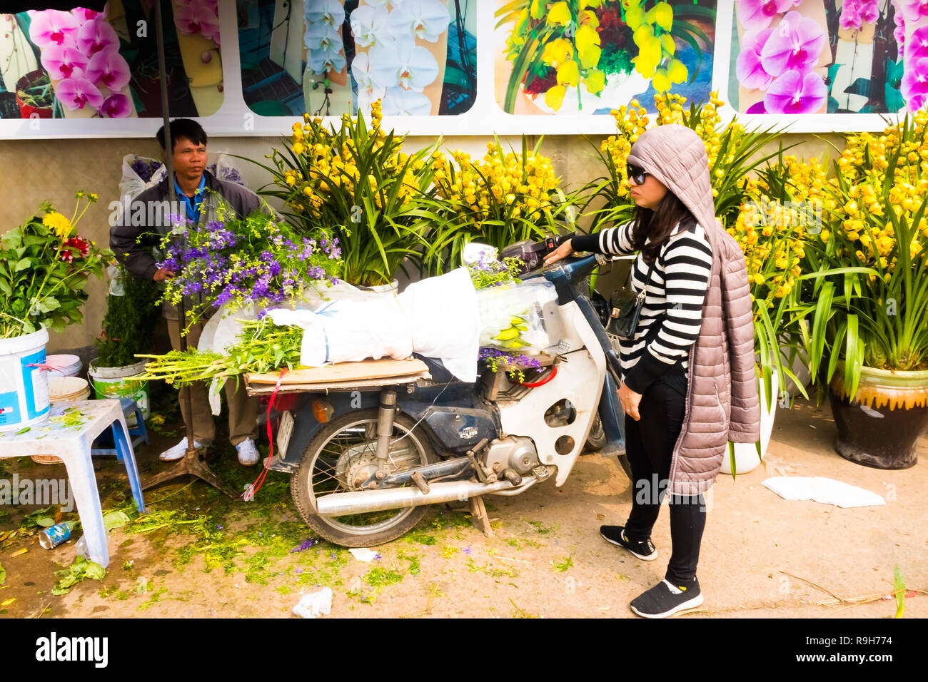 HANOI, VIETNAM - 14 février : vendeuse de fleurs non identifiées à l'Quang Ba marché aux fleurs le 14 février 2018 à Hanoi, Vietnam en Asie Banque D'Images