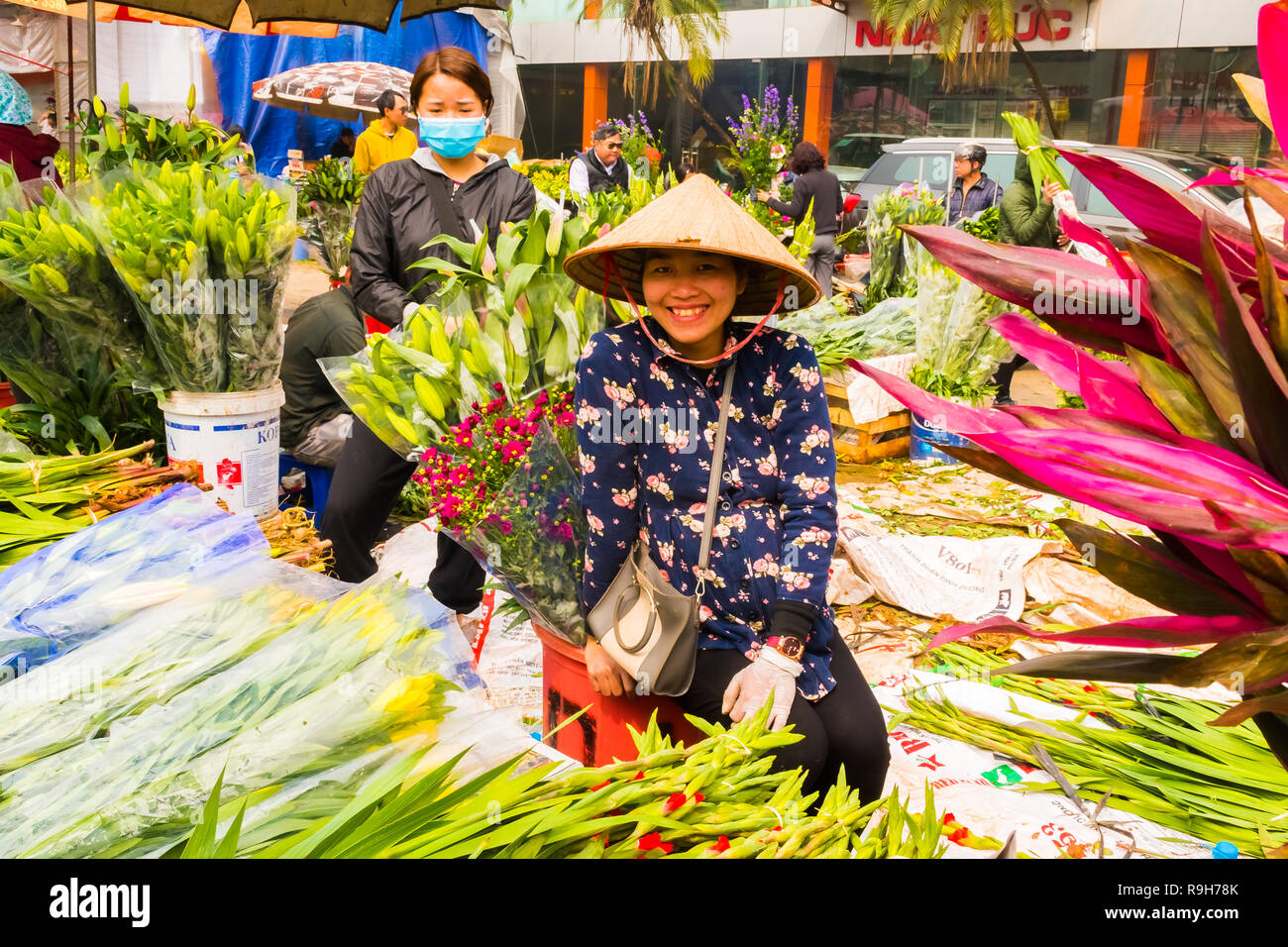 HANOI, VIETNAM - 14 février : vendeuse de fleurs non identifiées à l'Quang Ba marché aux fleurs le 14 février 2018 à Hanoi, Vietnam en Asie Banque D'Images