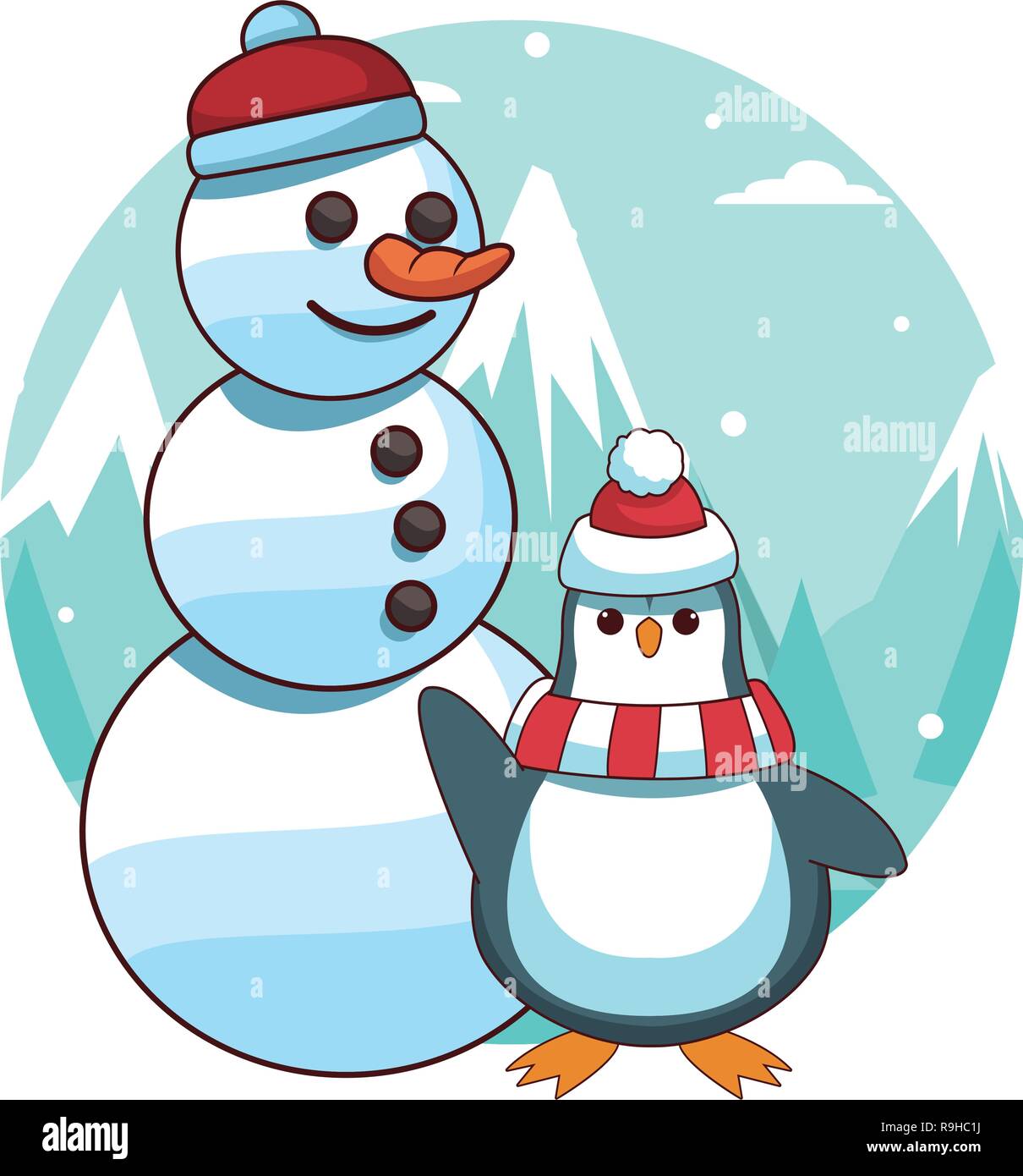 Le Snowman et penguin cartoon Illustration de Vecteur