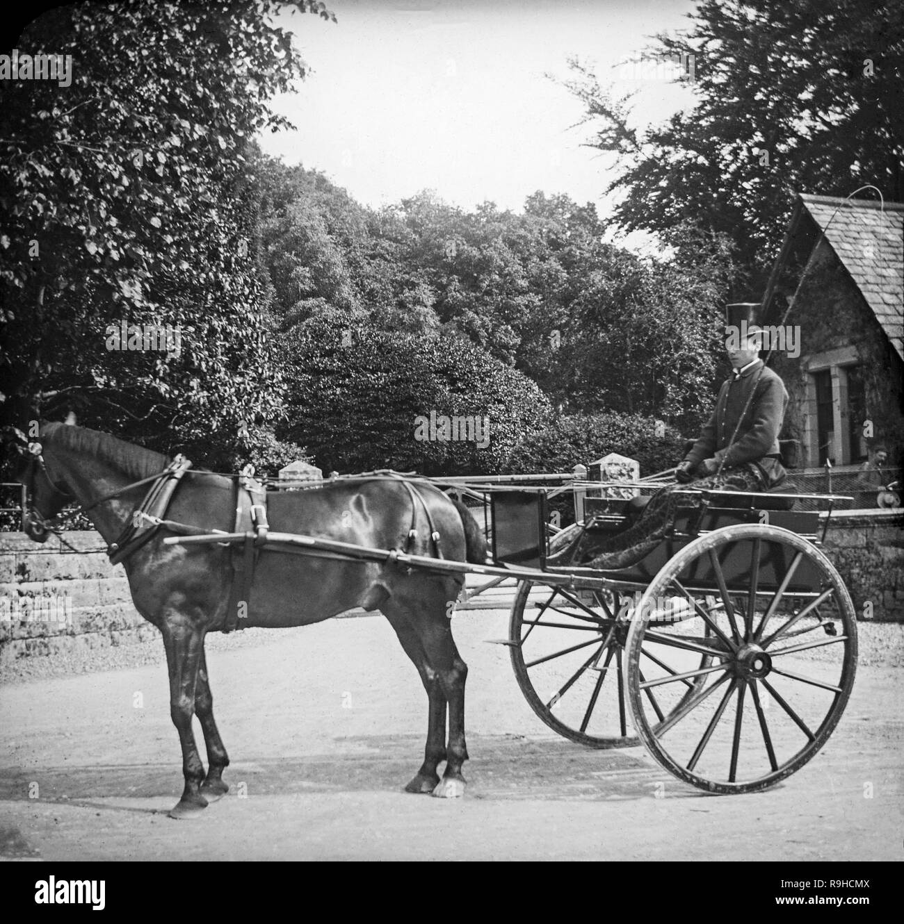 Un style victorien anglais noir et blanc photographie montrant un petit cheval et chariot avec un cavalier ou chariot conducteur assis dans le chariot. Le conducteur du chariot est vêtue de vêtements très fin, un bon exemple de la mode de l'époque. Banque D'Images