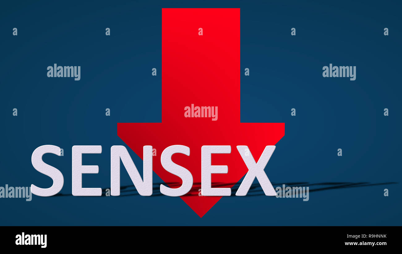 La BSE SENSEX index de la bourse de Bombay Stock Exchange est en baisse. La flèche rouge derrière l'étiquette est montrant le bas sur un fond bleu et de... Banque D'Images