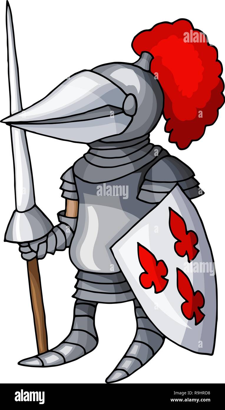 Cartoon chevalier médiéval avec le bouclier et la lance, isolé sur fond blanc Illustration de Vecteur