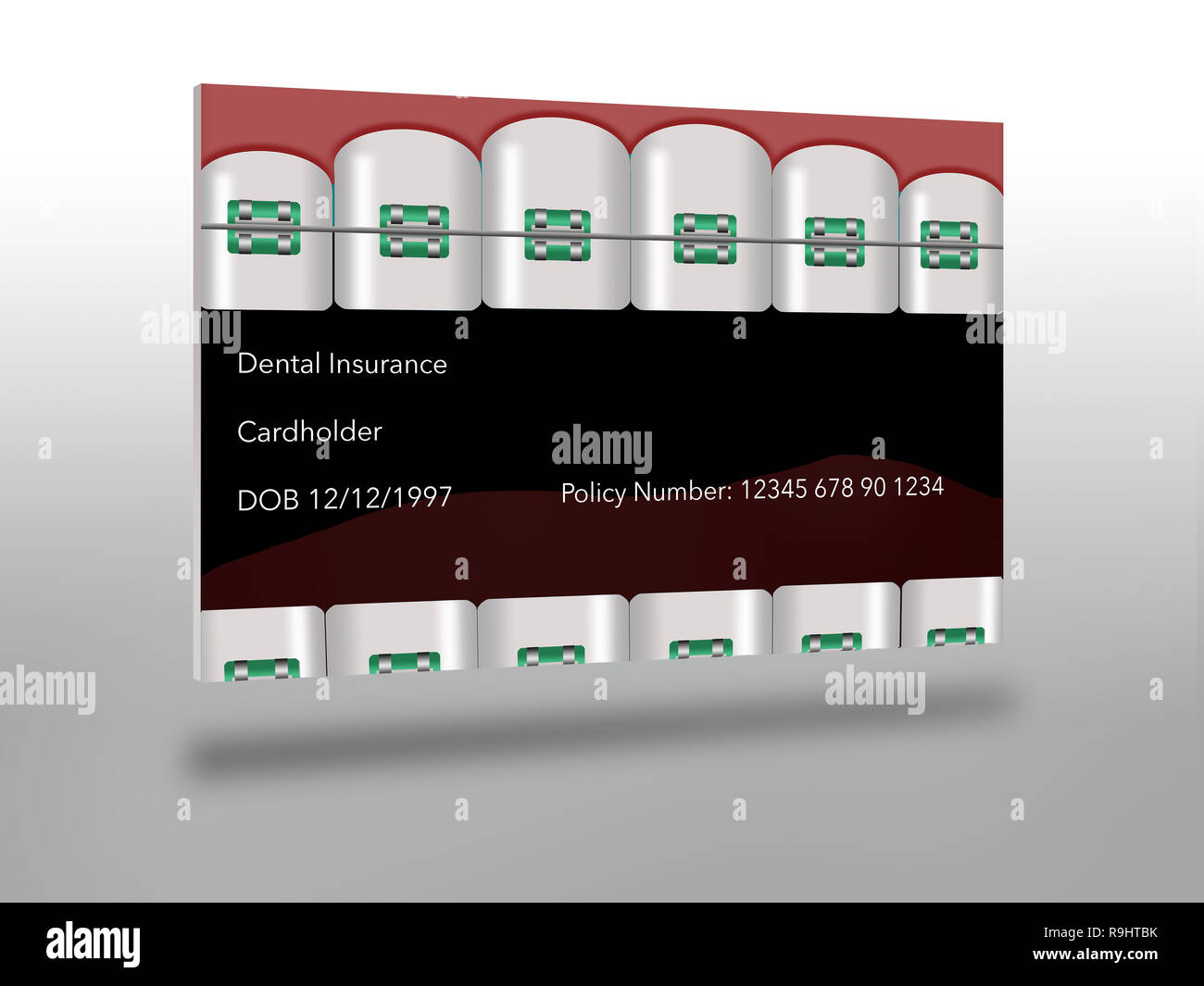 Voici une carte d'identité d'assurance dentaire avec dents et accolades dans la conception. C'est une illustration. Banque D'Images
