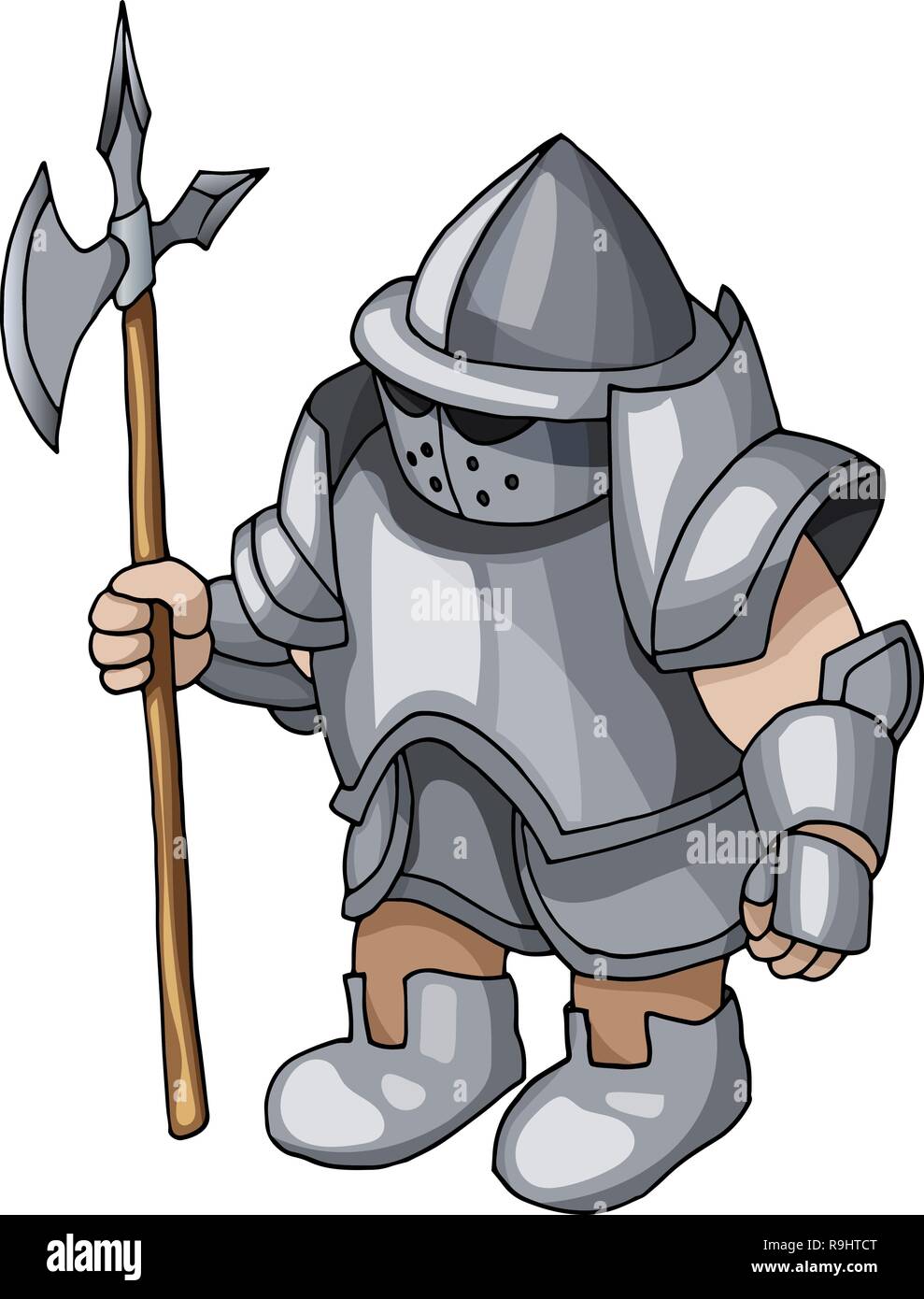Cartoon chevalier médiéval avec le bouclier et la lance, isolé sur fond blanc Illustration de Vecteur