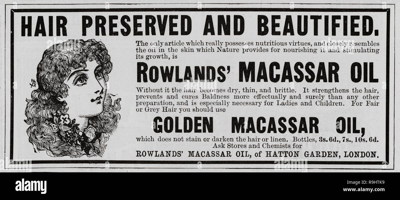 Journal de l'époque victorienne pour Rowlands huile de cheveux de Macassar Banque D'Images