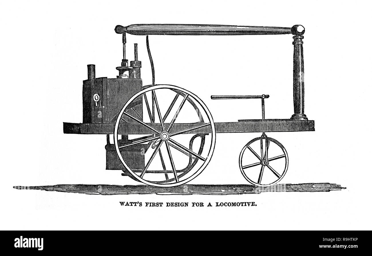 Gravure de la première conception d'une locomotive à vapeur, la machine conçue pour fonctionner sur route non rails. Bien qu'attribué à James Watt par l'Illustrated London News dans une édition de 1851, il a été en fait conçu par William Murdoch (dès 1782). Watt a jugé trop dangereux et donc il n'a pas été élaboré par la société Watt. Toutefois, il a été développé par Richard Trevithick dans l'une des premières locomotives à vapeur sur rails. Banque D'Images