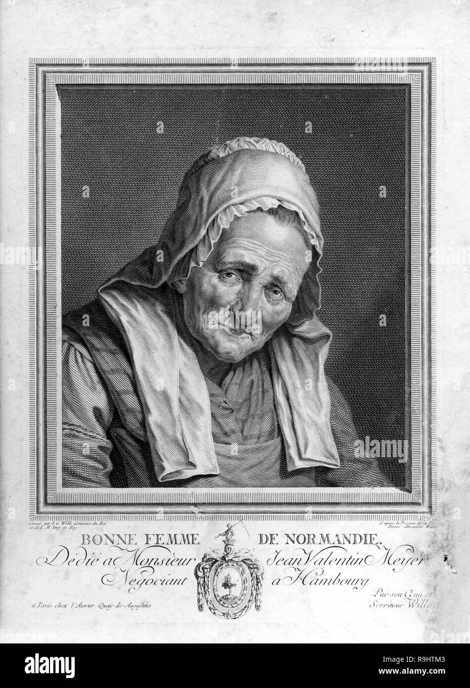 Gravure d'une femme âgée, tête-et-épaules portrait, face à droite, portant un bonnet et écharpe. Banque D'Images