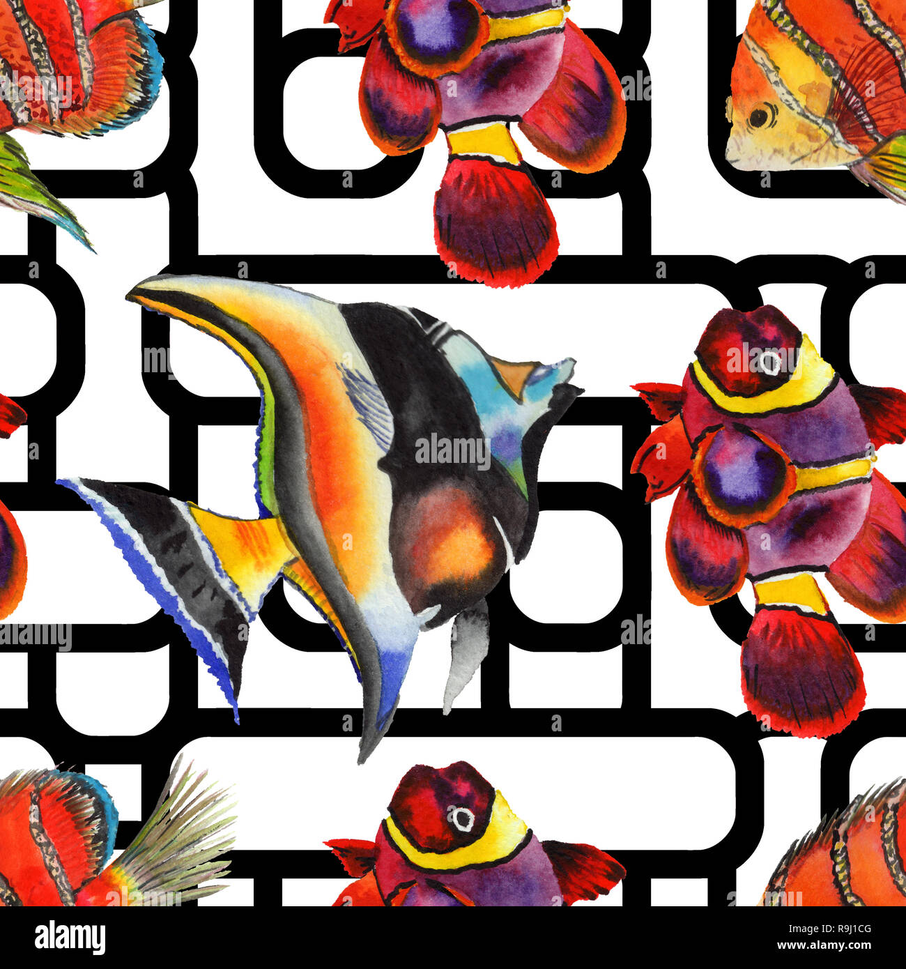 Aquarelle sous-marine aquatique poissons tropicaux colorés illustration set. Motif de fond transparent. Banque D'Images