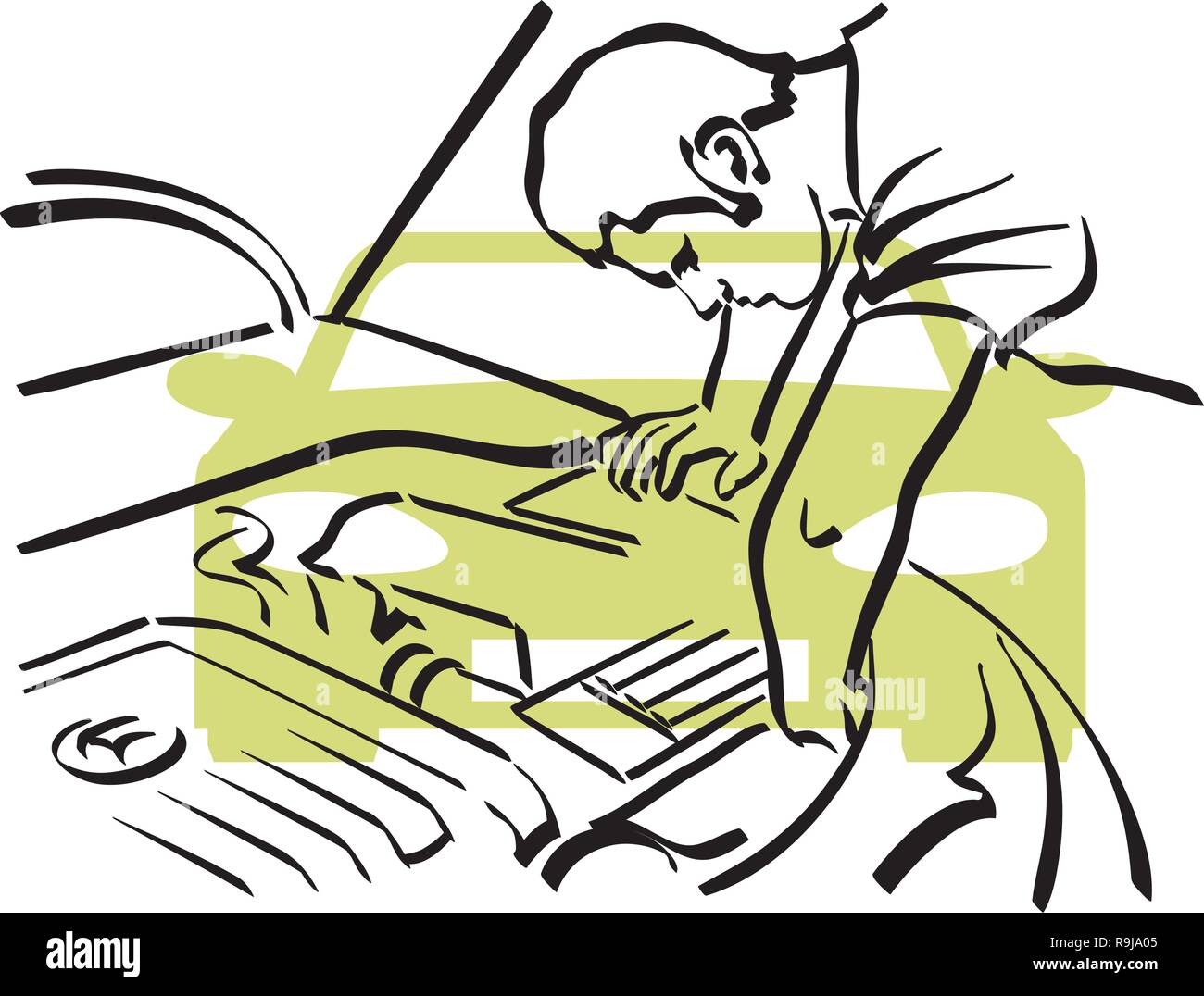 Illustration d'un mécanicien au travail dans un atelier de réparation de voiture Illustration de Vecteur