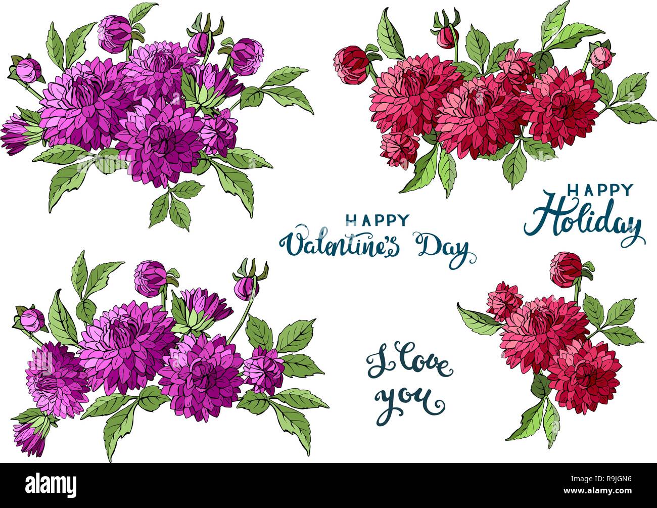 Ensemble de bouquets multicolores de dahlia fleurs de jardin isolé sur fond blanc et le lettrage, vector illustration Illustration de Vecteur