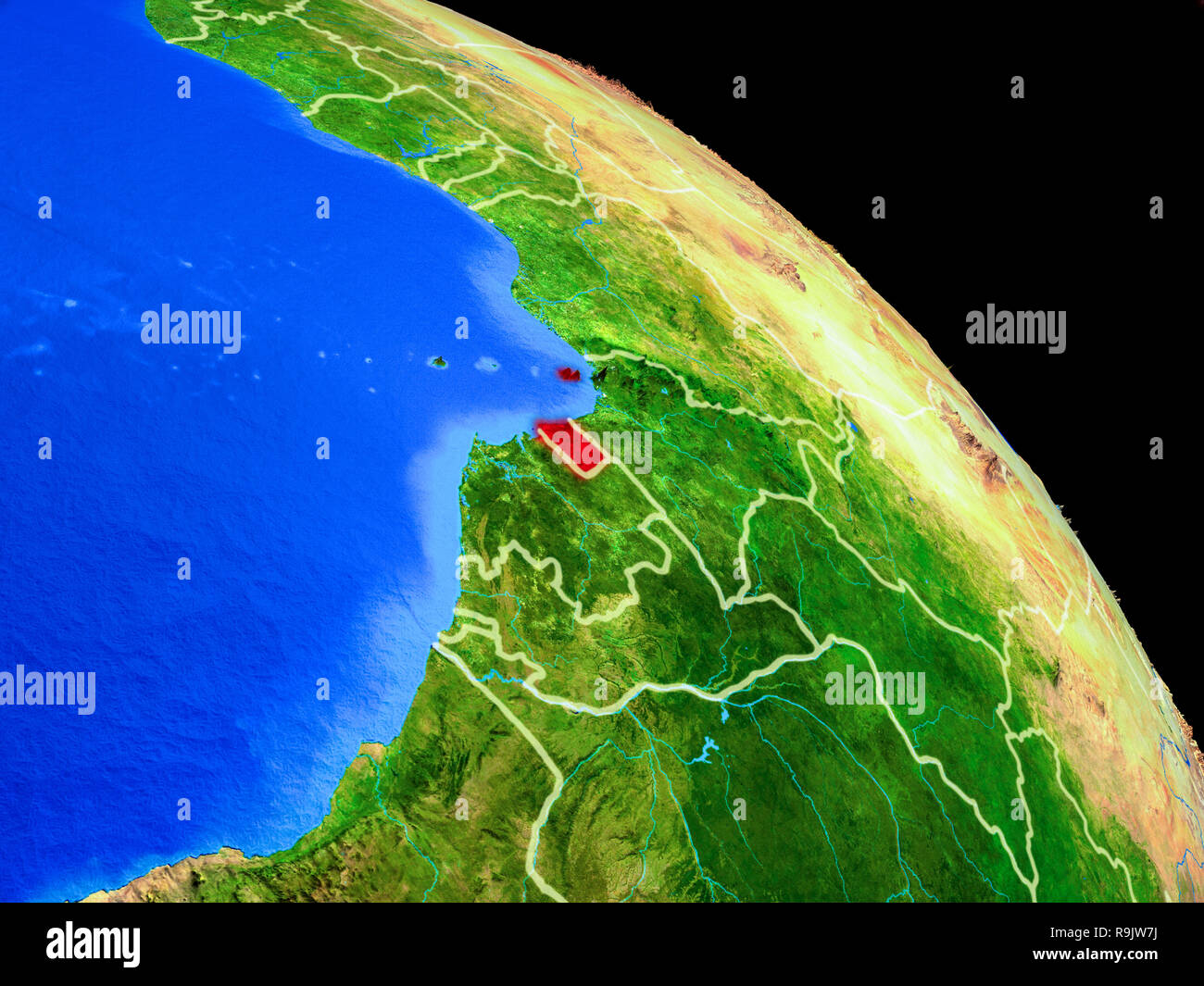 La Guinée équatoriale sur la planète Terre depuis l'espace avec des frontières du pays. Des détails très fins de la surface de la planète. 3D illustration. Éléments de cette image fournir Banque D'Images