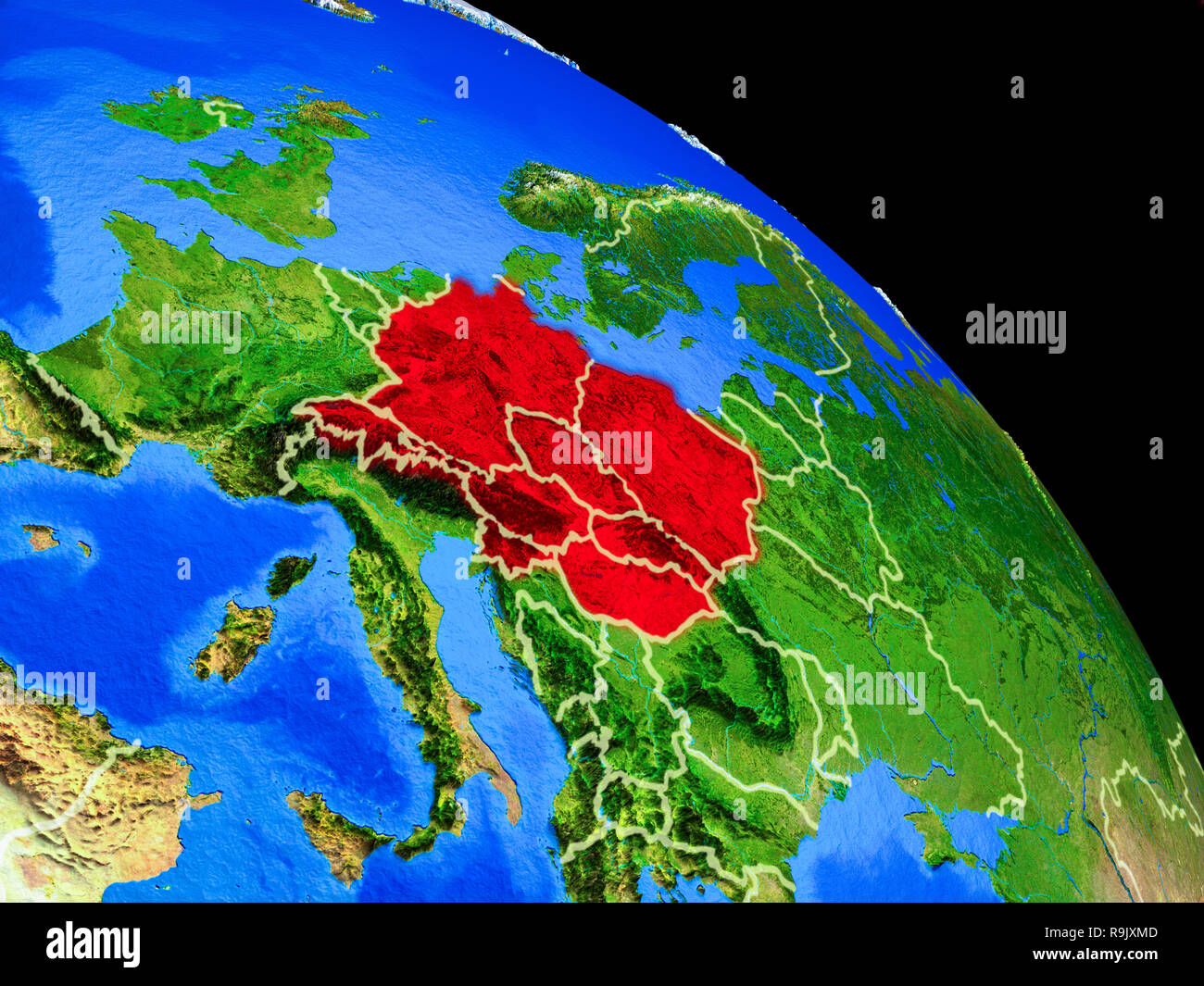 Centre de l'Europe sur la planète Terre depuis l'espace avec des frontières du pays. Des détails très fins de la surface de la planète. 3D illustration. Éléments de cette image fournie Banque D'Images