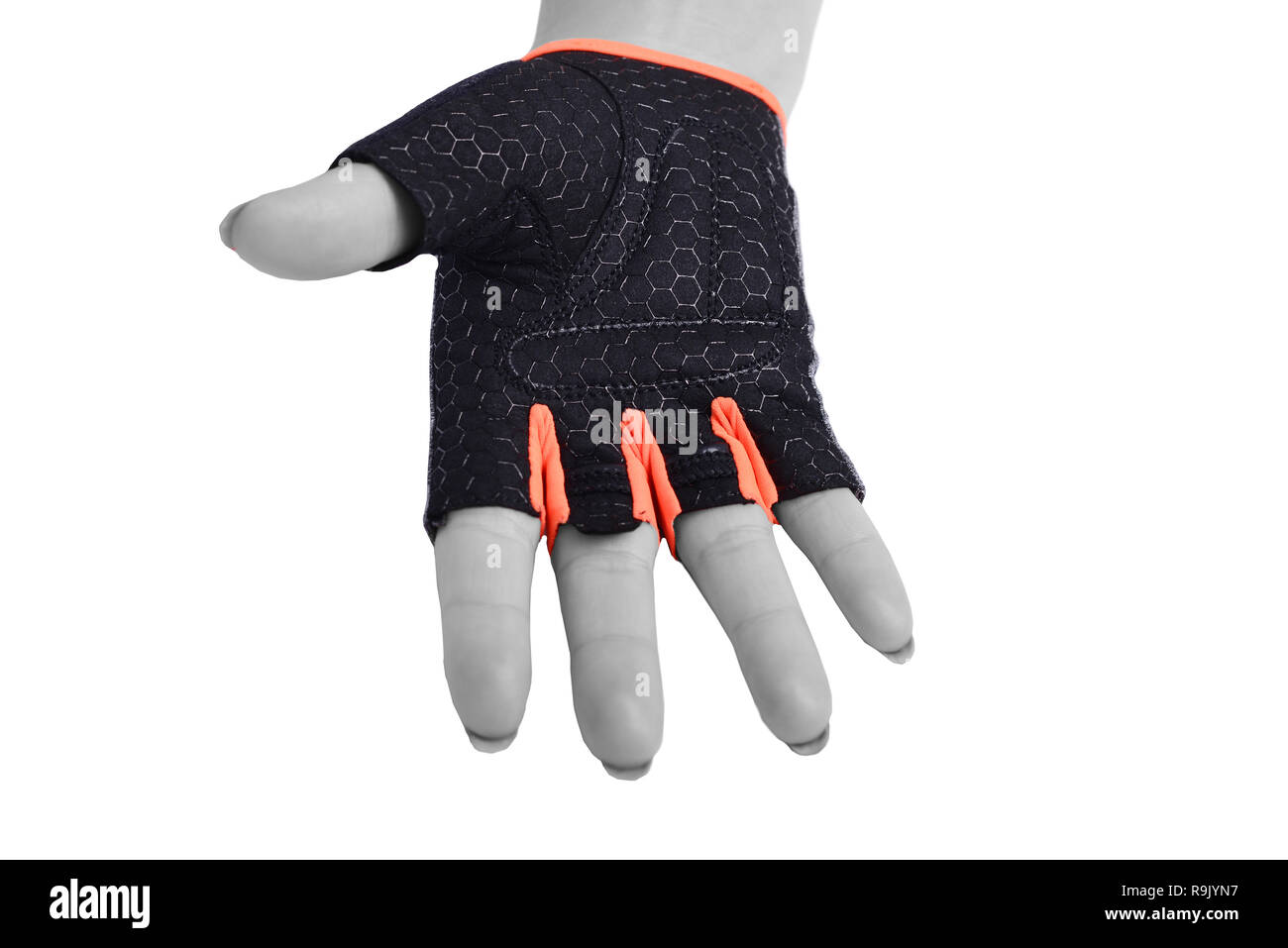 Une main avec location glove montrant main ouverte sur fond blanc. Banque D'Images