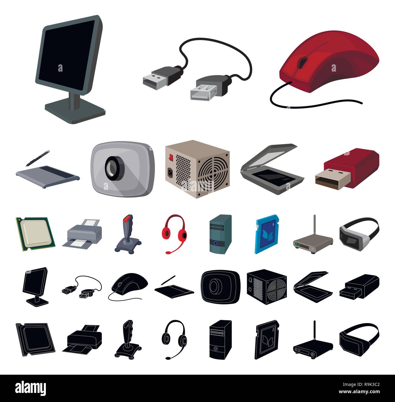 Caricature de l'ordinateur personnel, des icônes noires dans set collection pour la conception. Outillage et accessoires stock symbol vector illustration. Illustration de Vecteur